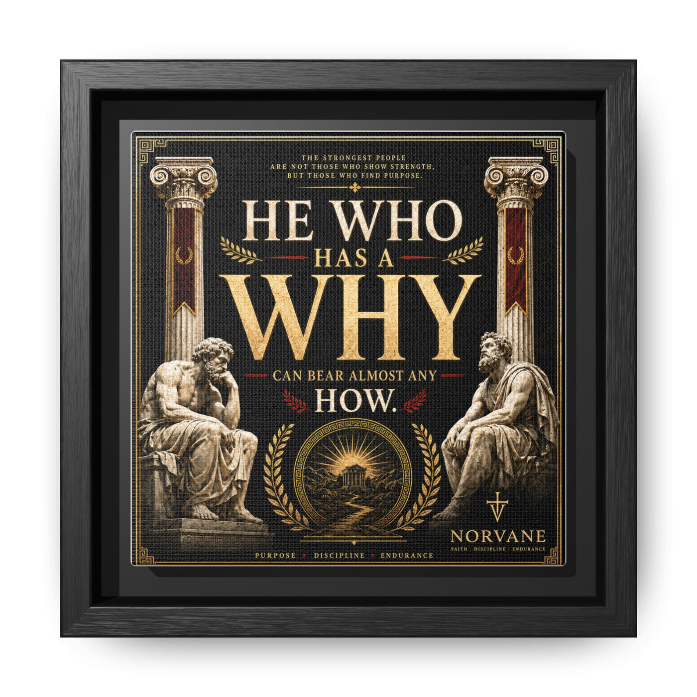 He Who Has a Why Framed Canvas – Nietzsche Wall Art in Black