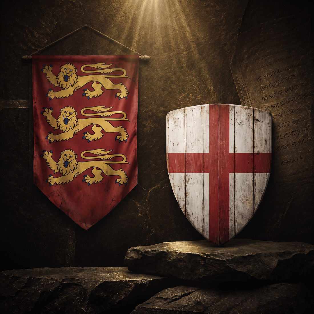 Three lions banner and St George's cross shield — English heritage symbols