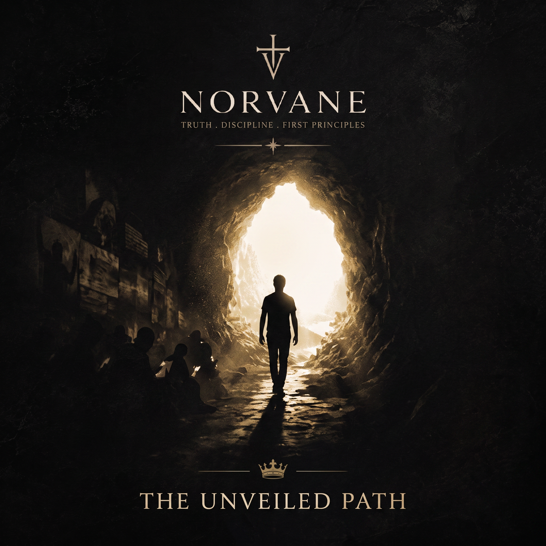 Figure walking out of a dark cave toward daylight — Plato's allegory of the cave