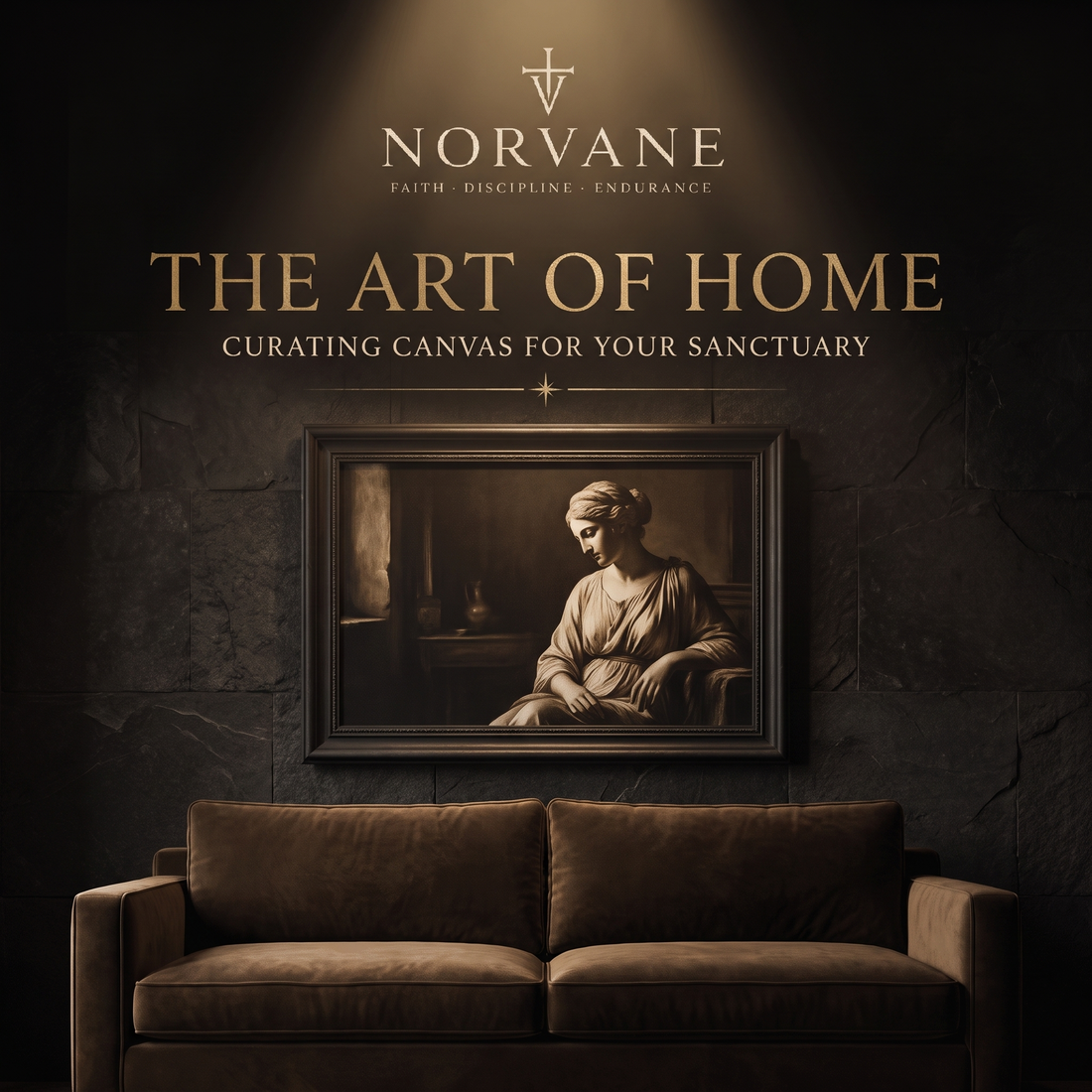 Framed matte canvas wall art above a sofa in a softly lit living room