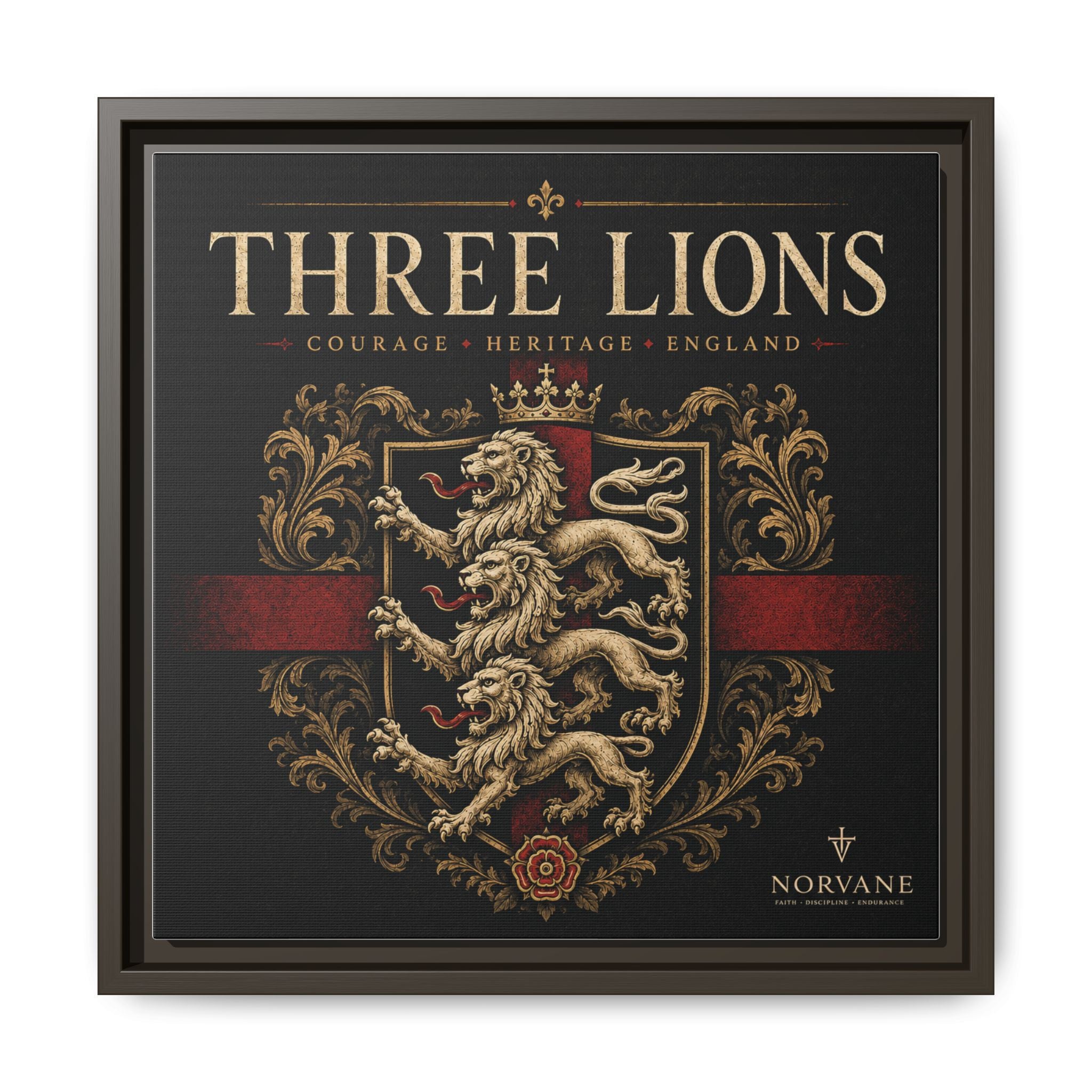 Three Lions Framed Canvas Wall Art — Heraldic England Crest Matte Print