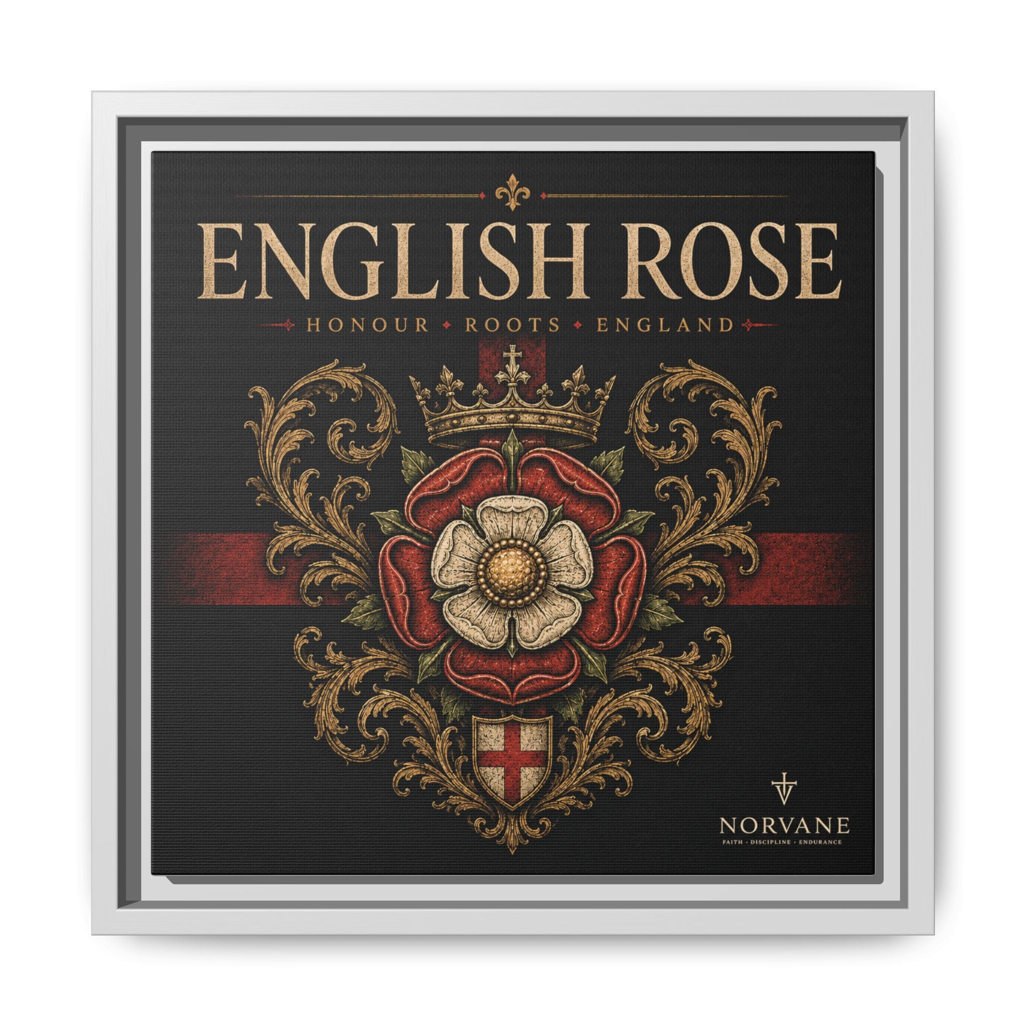 English Rose Matte Framed Canvas – Vintage Tudor Crest Wall Art