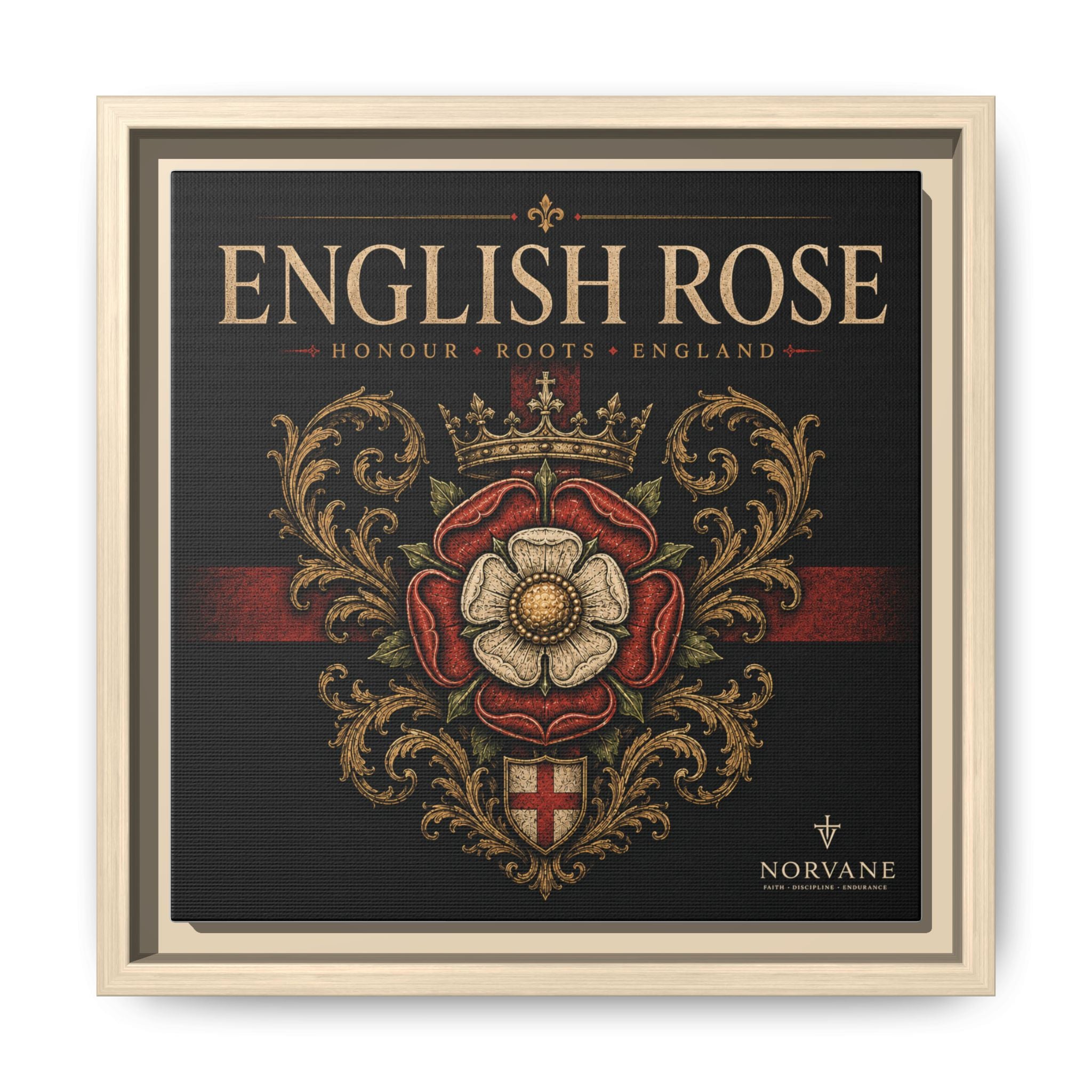 English Rose Matte Framed Canvas – Vintage Tudor Crest Wall Art