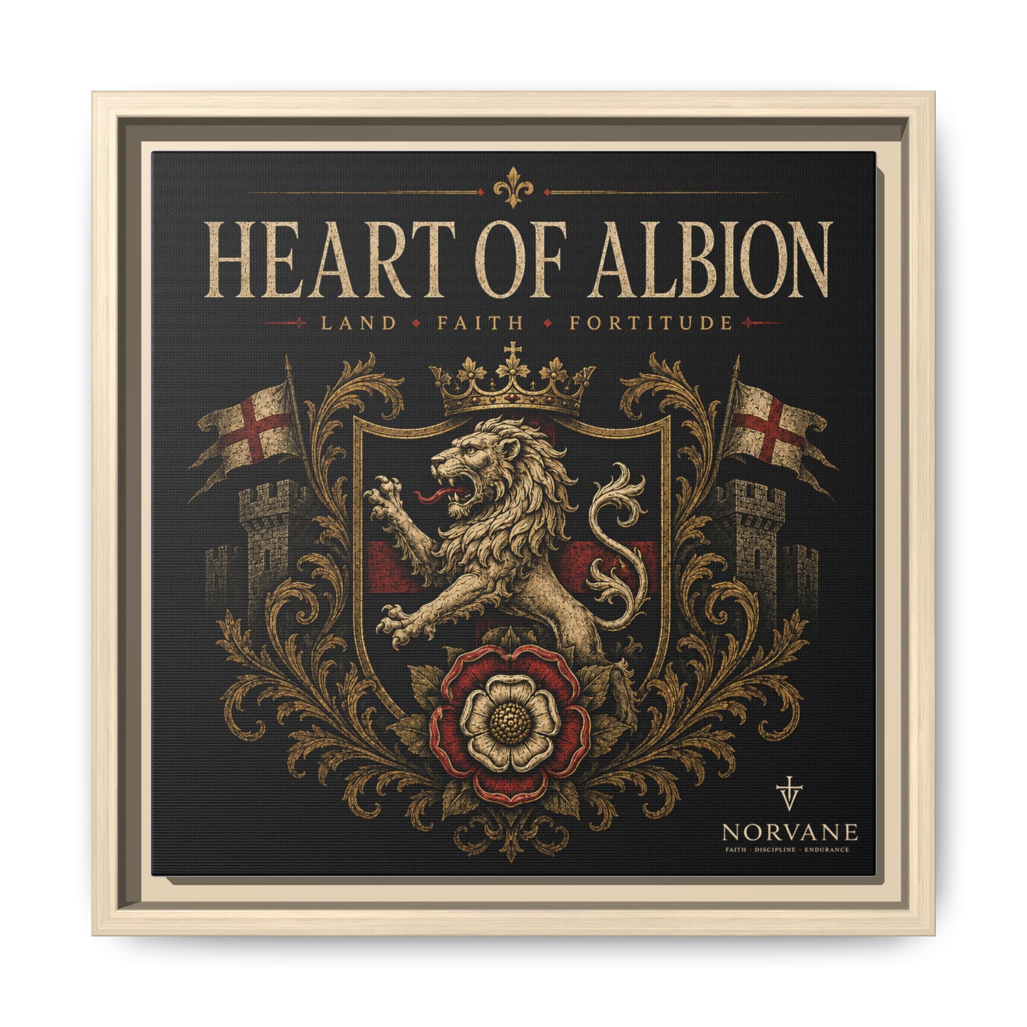 Heart of Albion Framed Canvas Wall Art — Vintage English Lion Crest