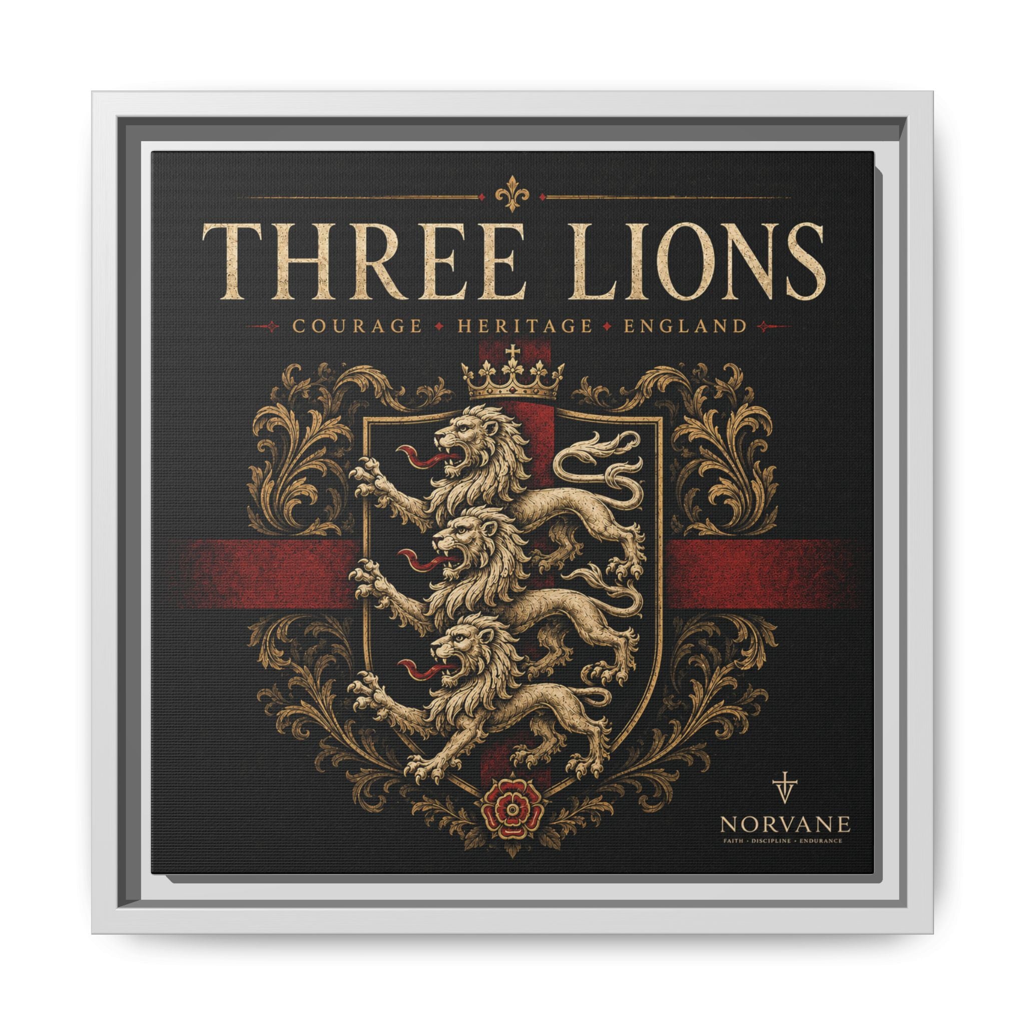 Three Lions Framed Canvas Wall Art — Heraldic England Crest Matte Print