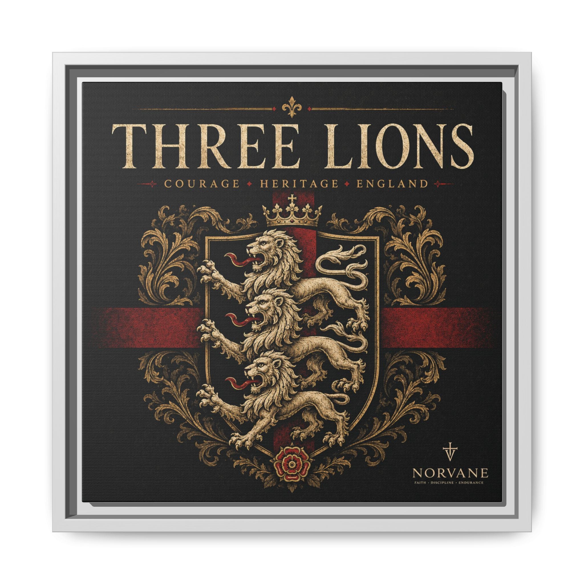 Three Lions Framed Canvas Wall Art — Heraldic England Crest Matte Print