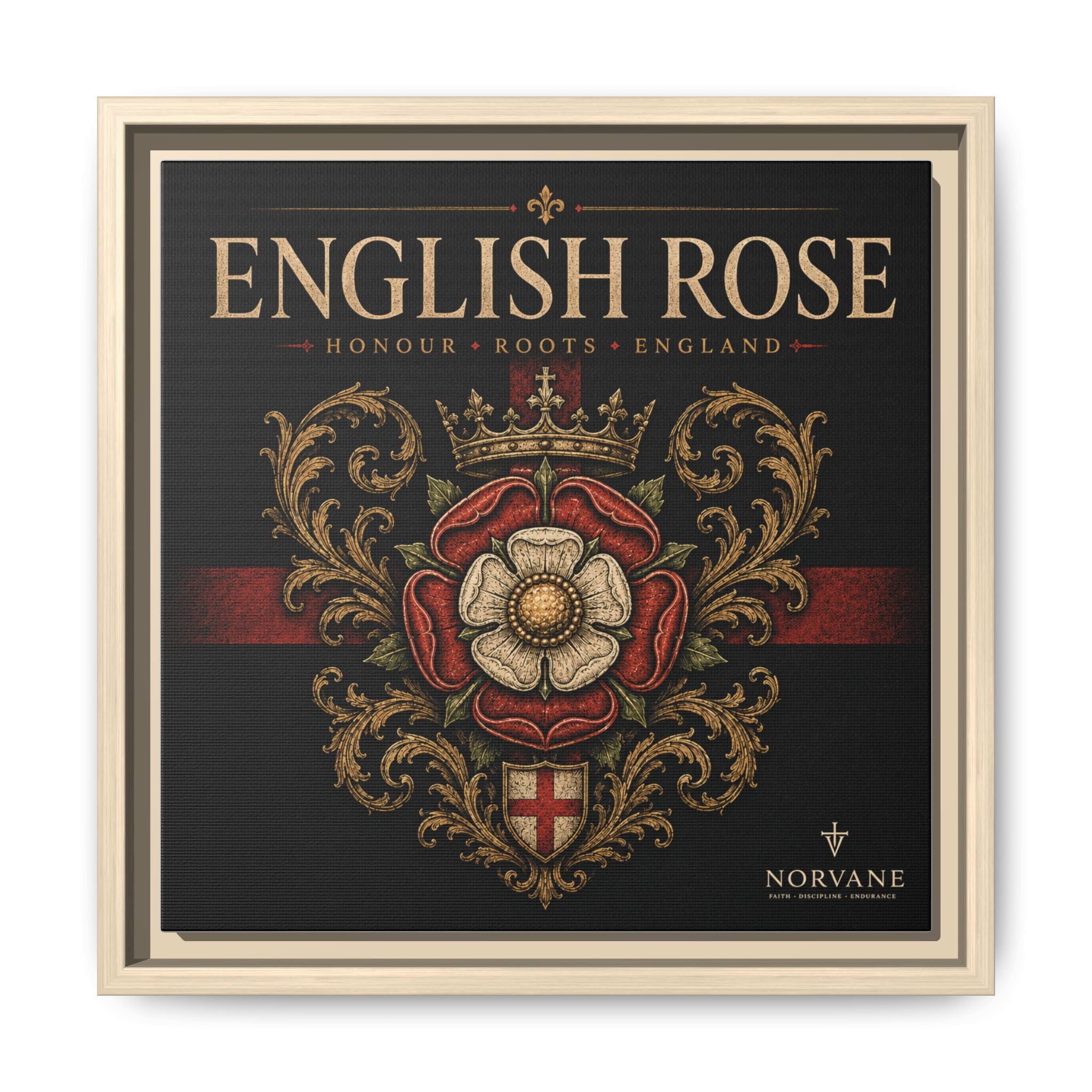 English Rose Matte Framed Canvas – Vintage Tudor Crest Wall Art