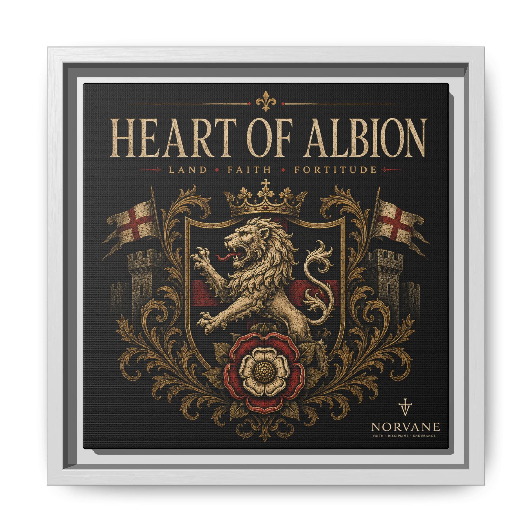 Heart of Albion Framed Canvas Wall Art — Vintage English Lion Crest