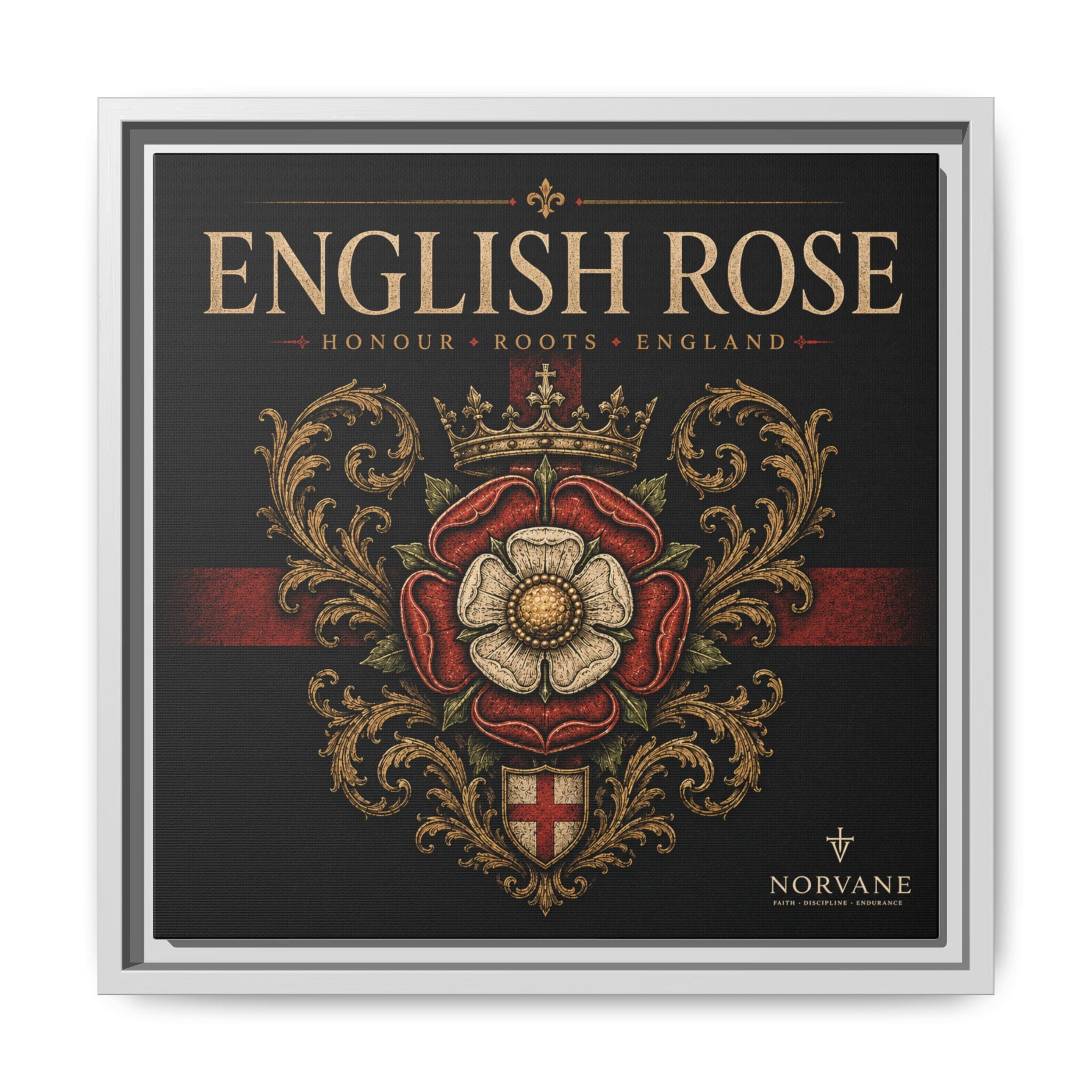 English Rose Matte Framed Canvas – Vintage Tudor Crest Wall Art