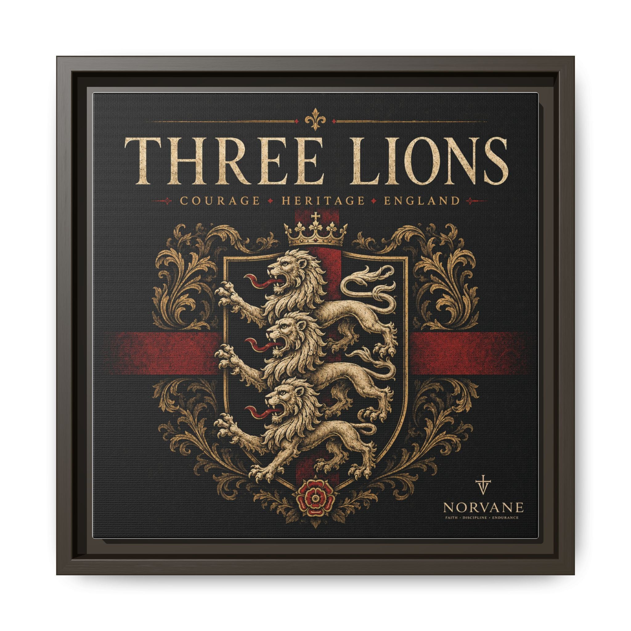 Three Lions Framed Canvas Wall Art — Heraldic England Crest Matte Print