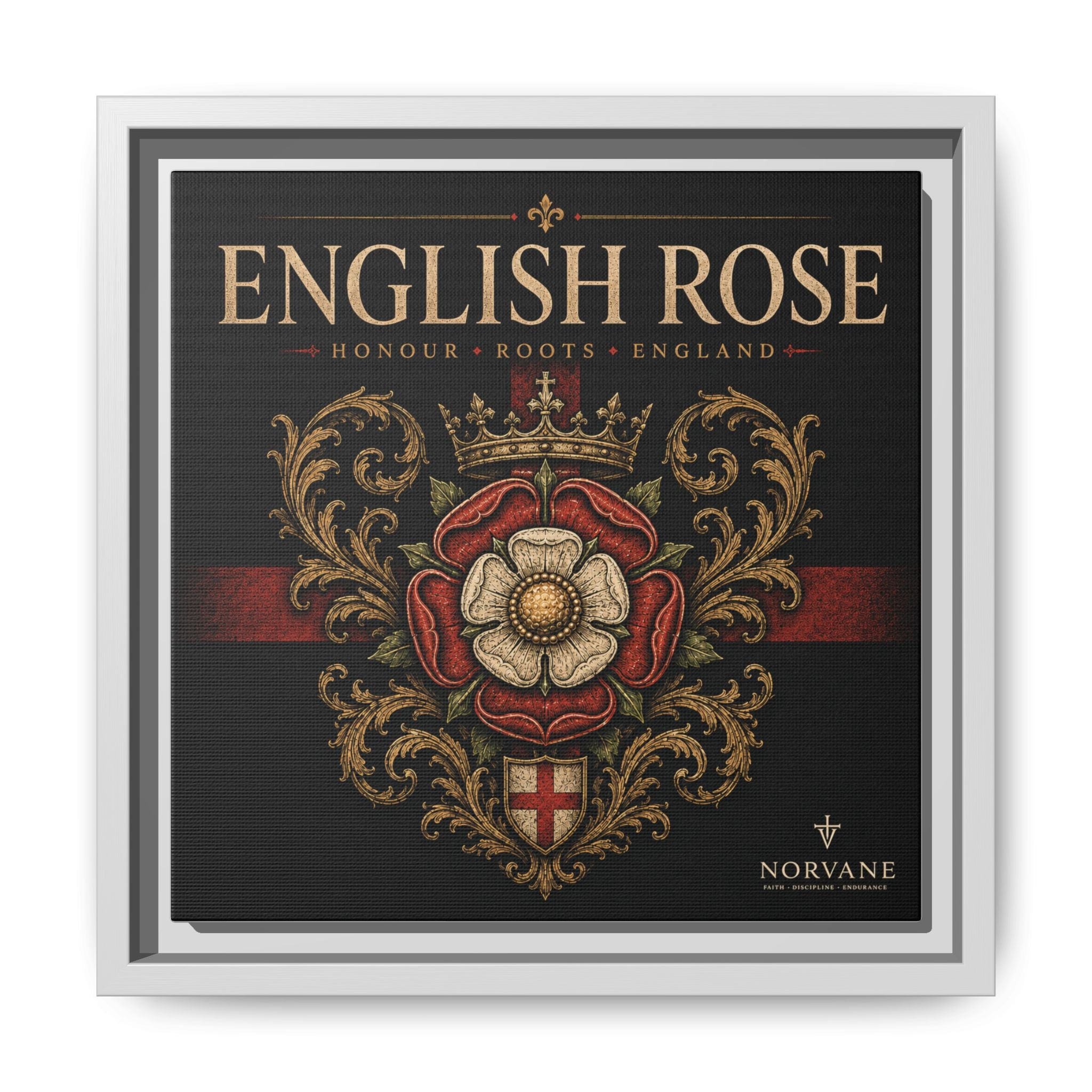 English Rose Matte Framed Canvas – Vintage Tudor Crest Wall Art