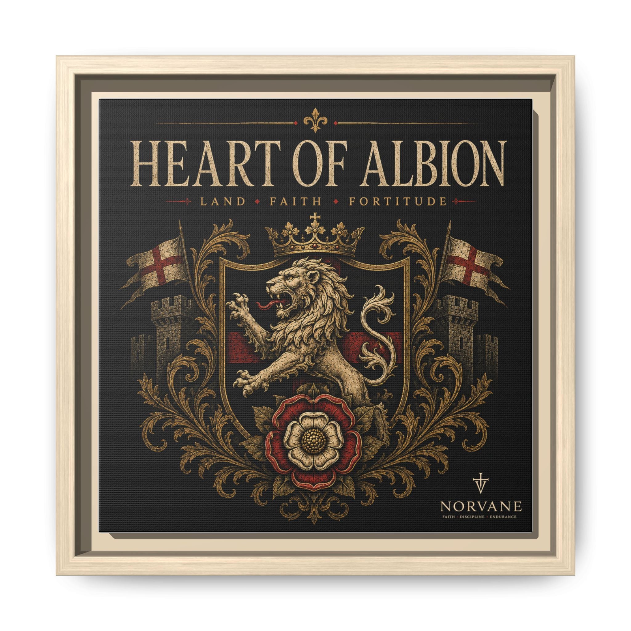 Heart of Albion Framed Canvas Wall Art — Vintage English Lion Crest