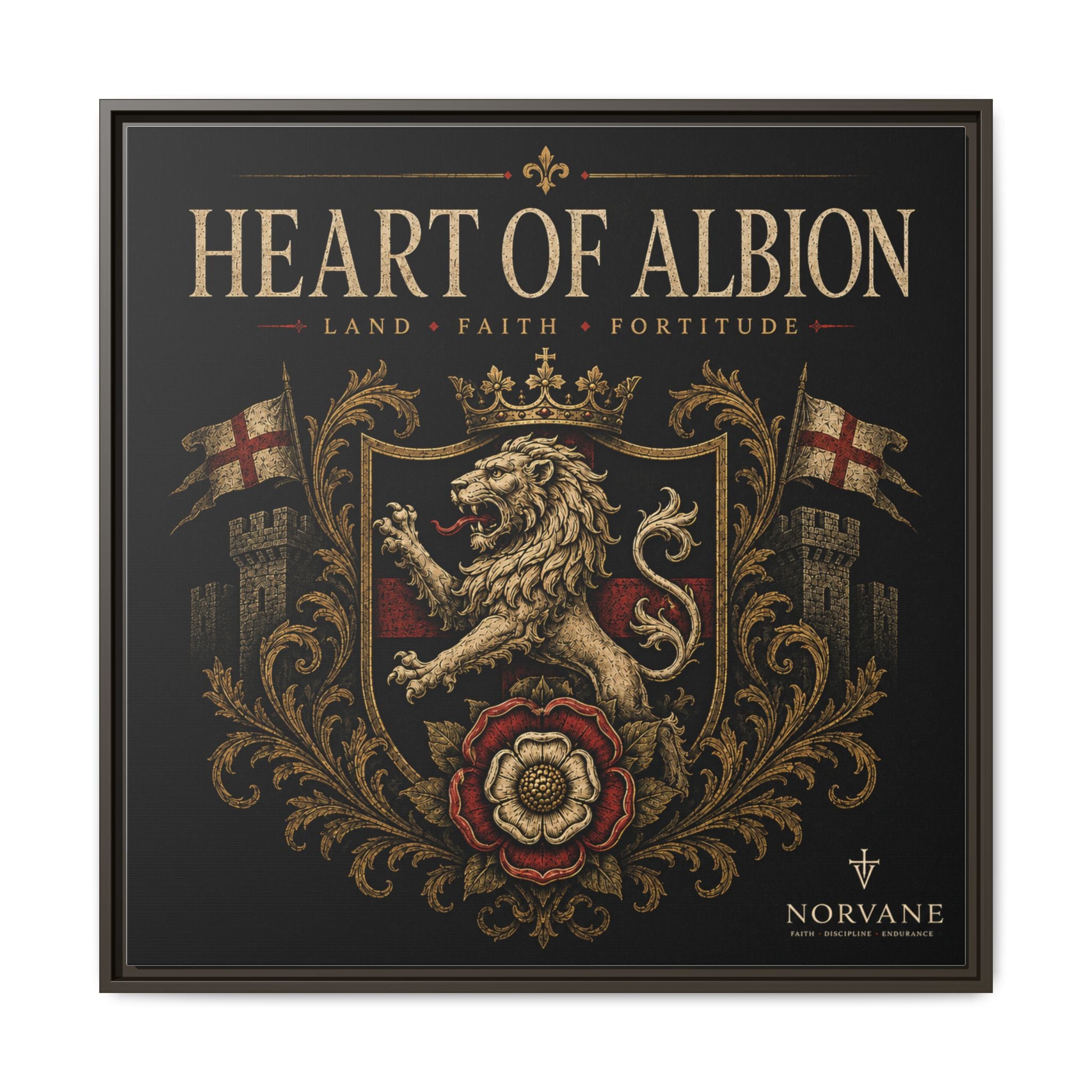 Heart of Albion Framed Canvas Wall Art — Vintage English Lion Crest