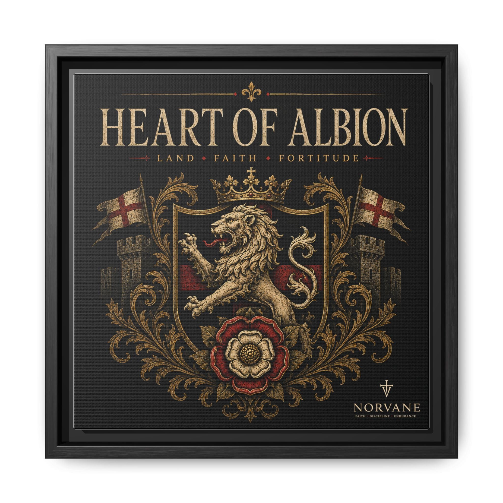 Heart of Albion Framed Canvas Wall Art — Vintage English Lion Crest