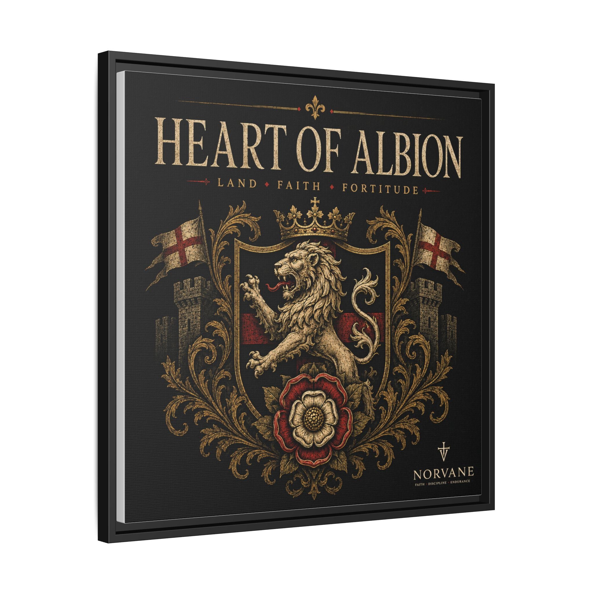 Heart of Albion Framed Canvas Wall Art — Vintage English Lion Crest