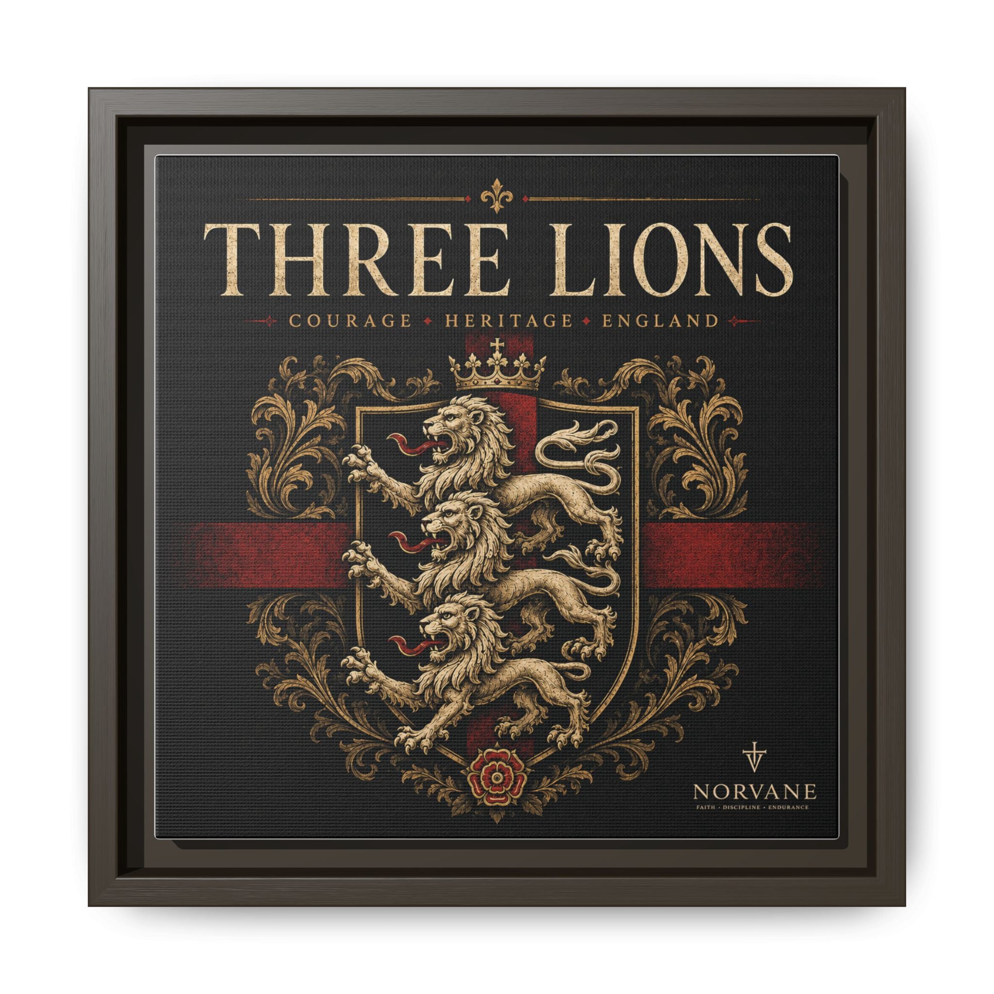 Three Lions Framed Canvas Wall Art — Heraldic England Crest Matte Print