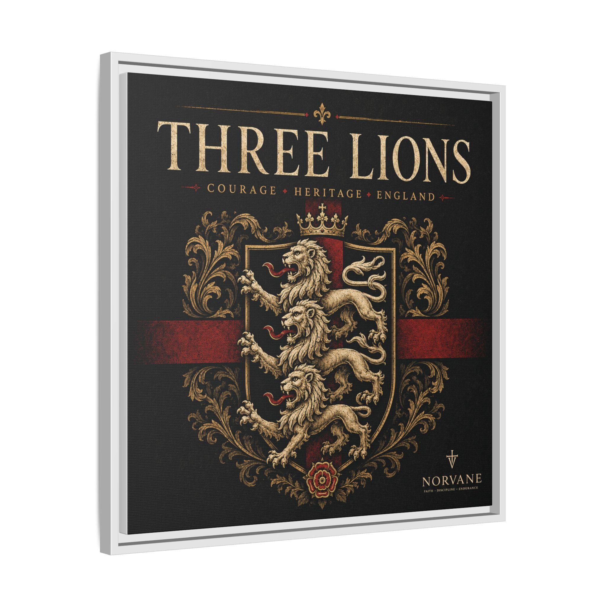 Three Lions Framed Canvas Wall Art — Heraldic England Crest Matte Print