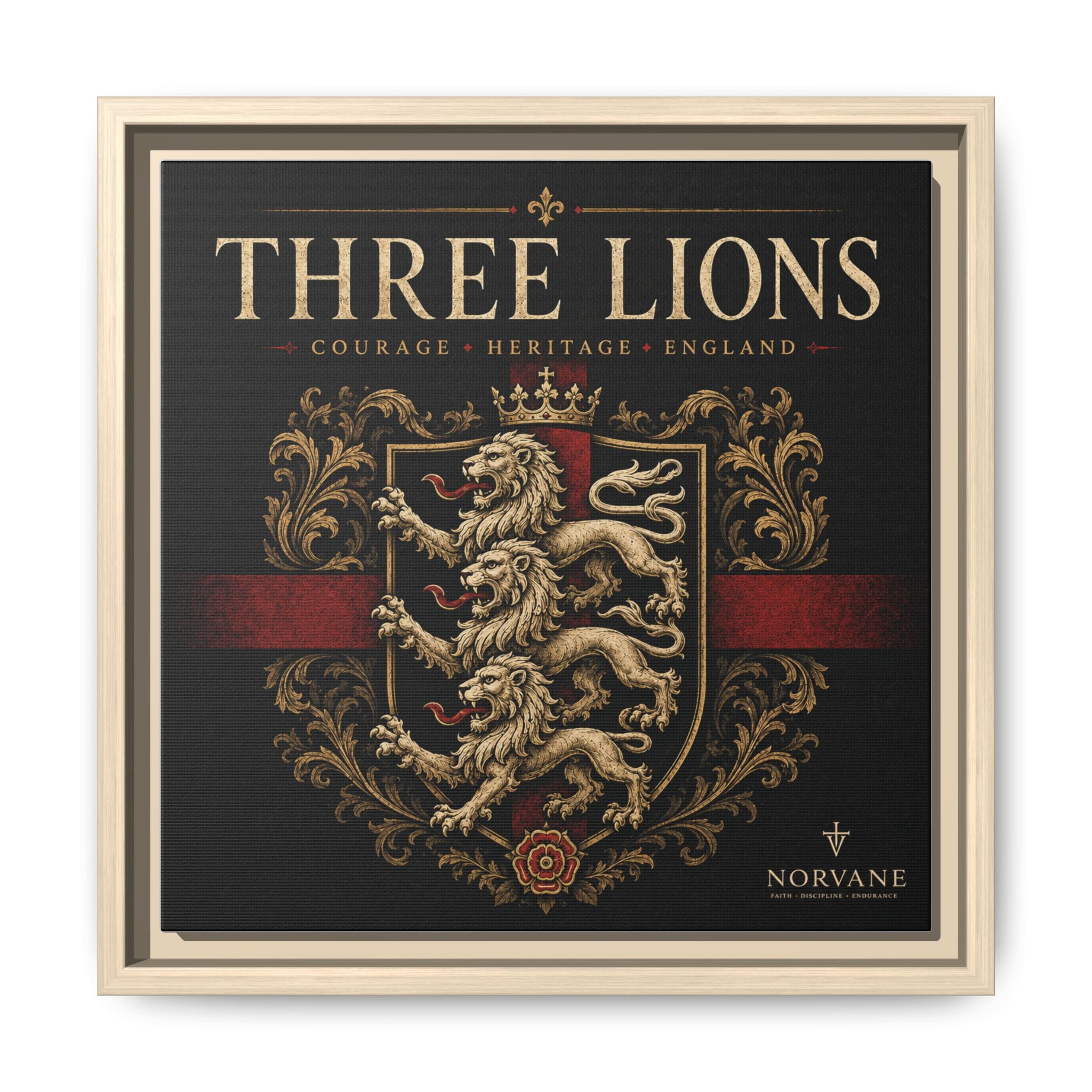 Three Lions Framed Canvas Wall Art — Heraldic England Crest Matte Print