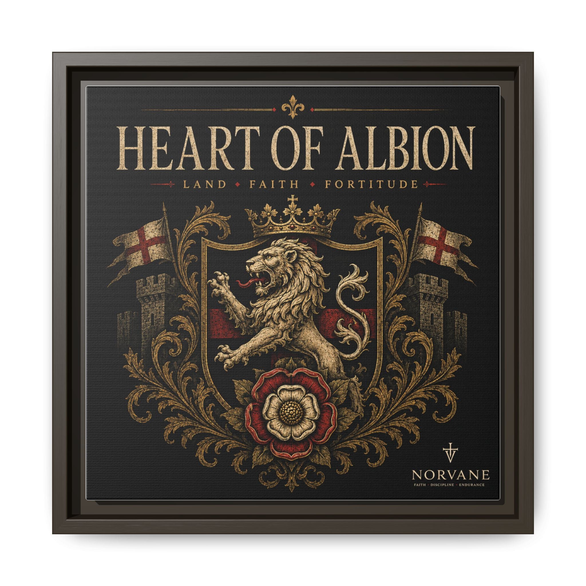 Heart of Albion Framed Canvas Wall Art — Vintage English Lion Crest