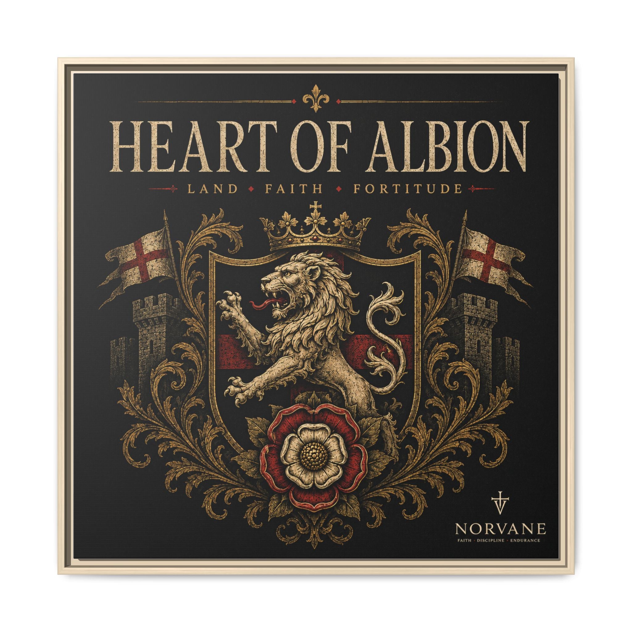 Heart of Albion Framed Canvas Wall Art — Vintage English Lion Crest