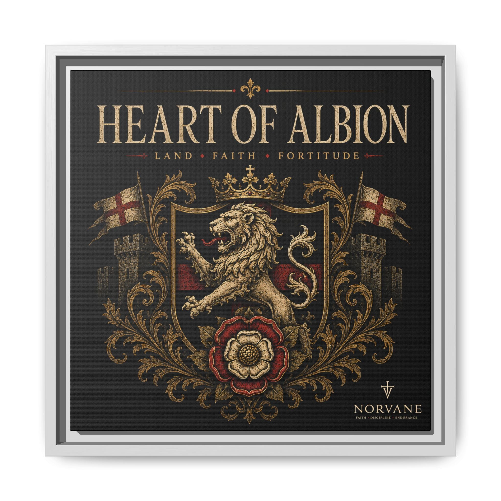 Heart of Albion Framed Canvas Wall Art — Vintage English Lion Crest
