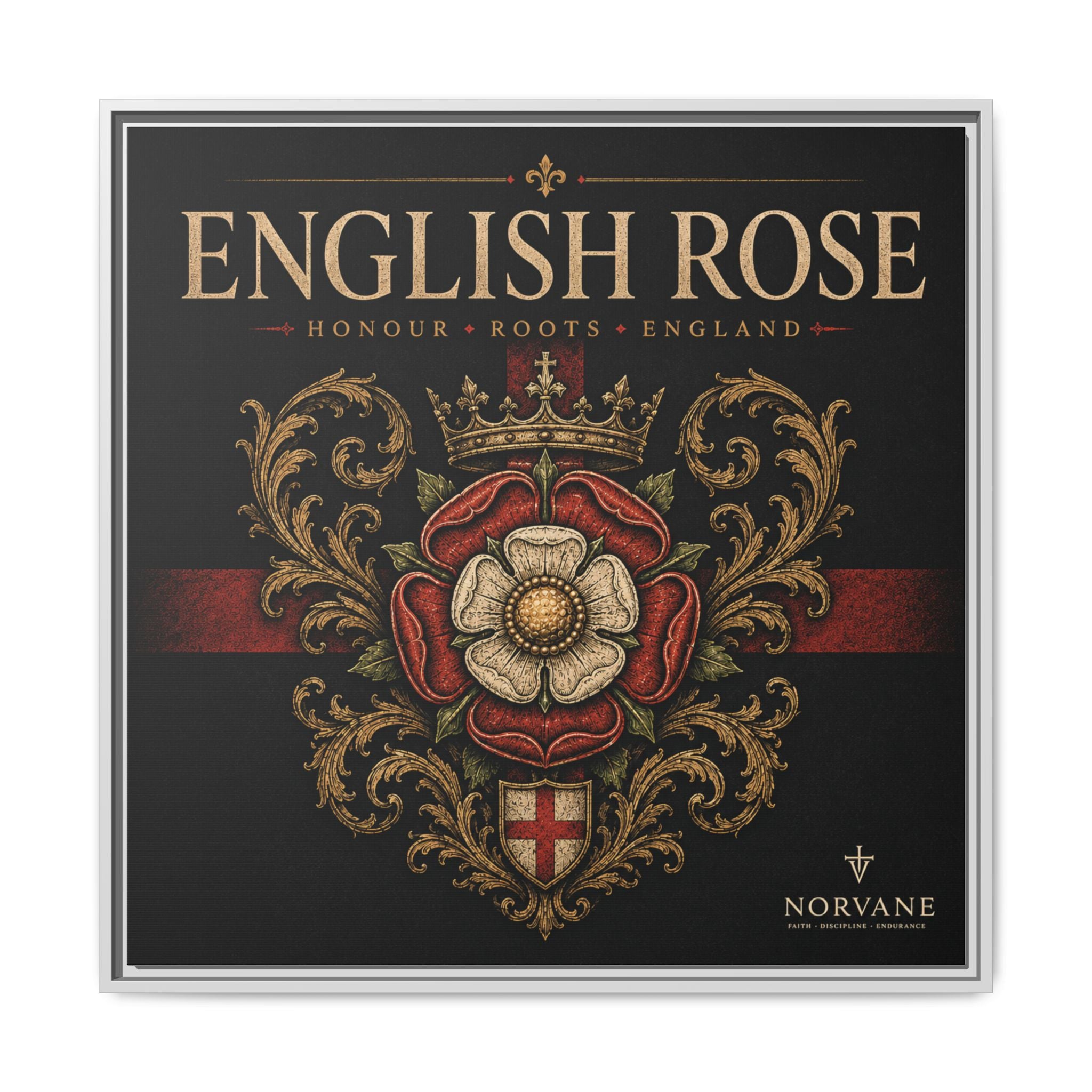 English Rose Matte Framed Canvas – Vintage Tudor Crest Wall Art