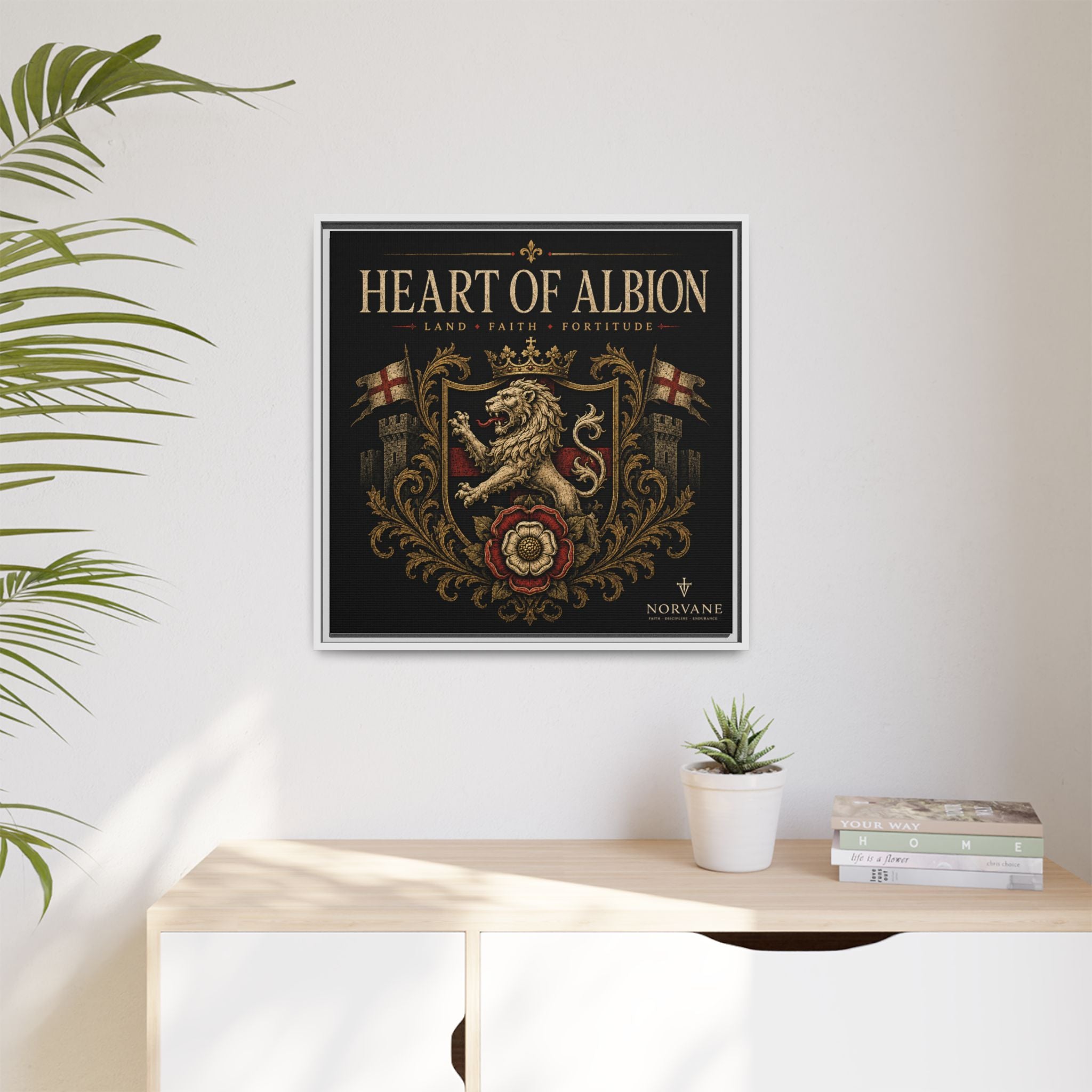 Heart of Albion Framed Canvas Wall Art — Vintage English Lion Crest