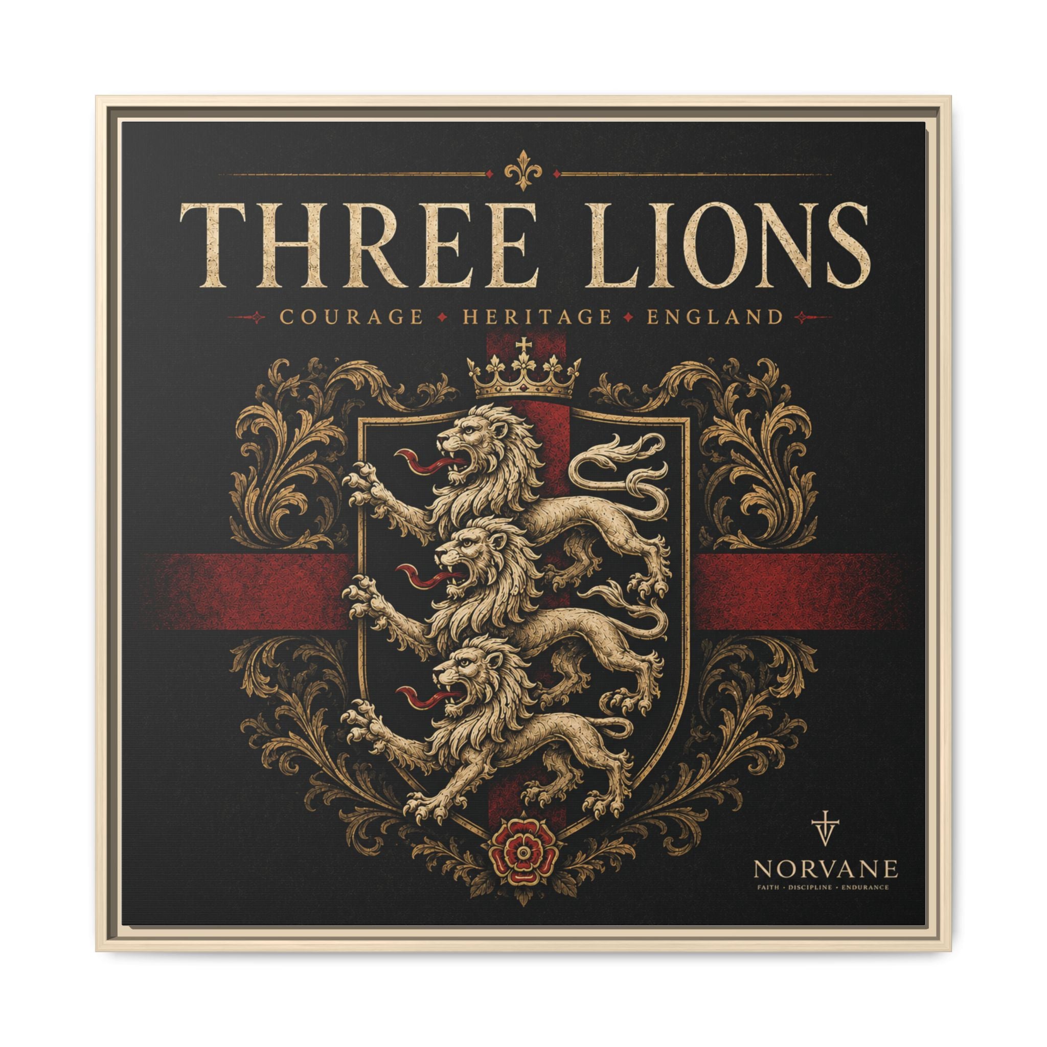 Three Lions Framed Canvas Wall Art — Heraldic England Crest Matte Print