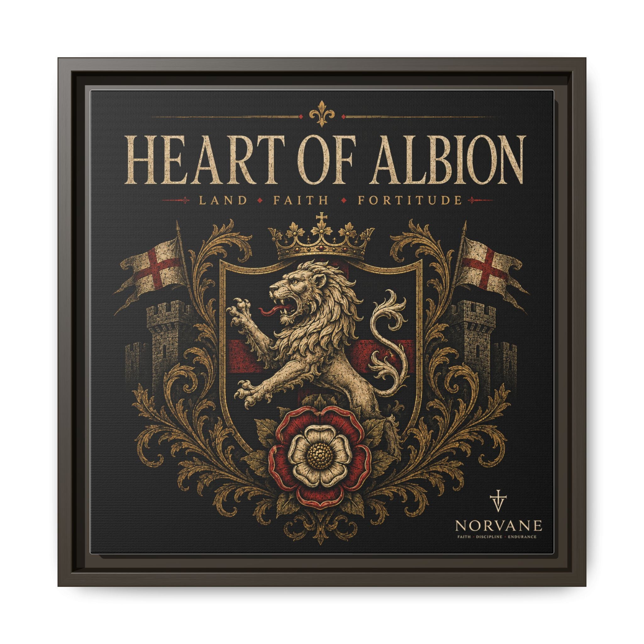 Heart of Albion Framed Canvas Wall Art — Vintage English Lion Crest