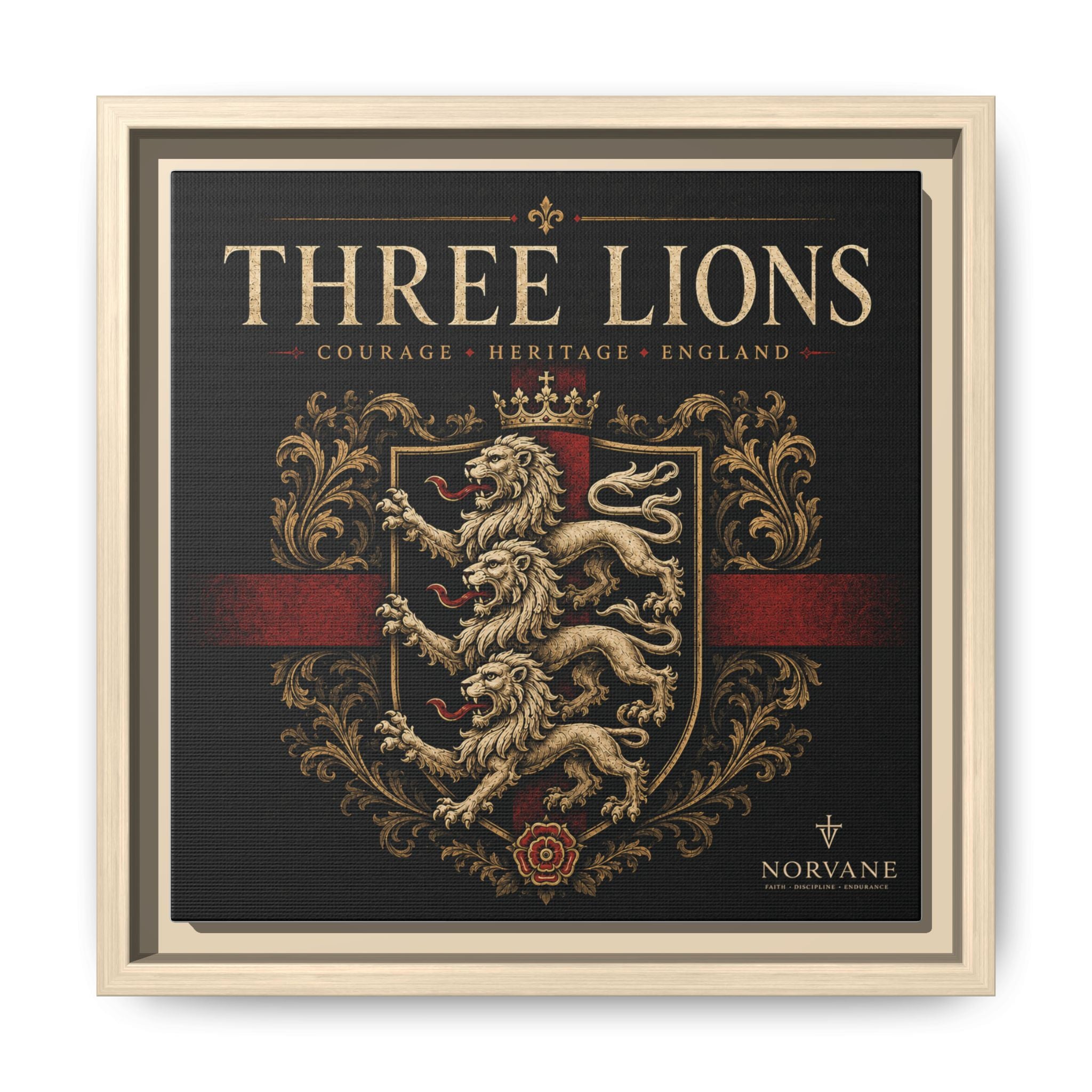 Three Lions Framed Canvas Wall Art — Heraldic England Crest Matte Print