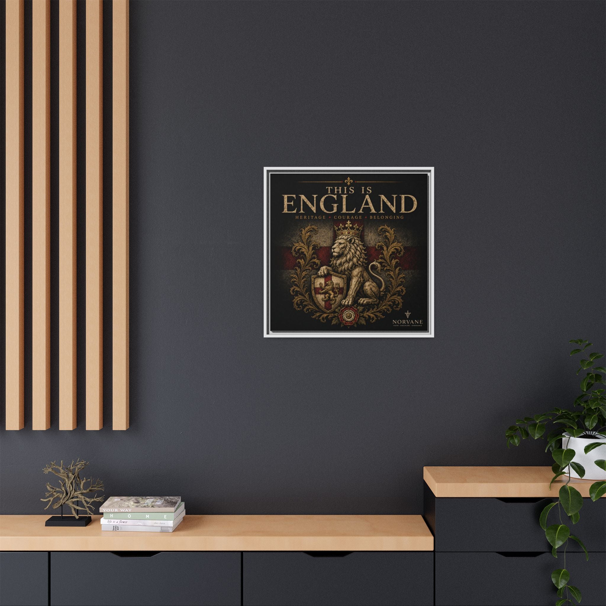 This Is England Framed Canvas Art — Vintage Lion Crest Wall Decor