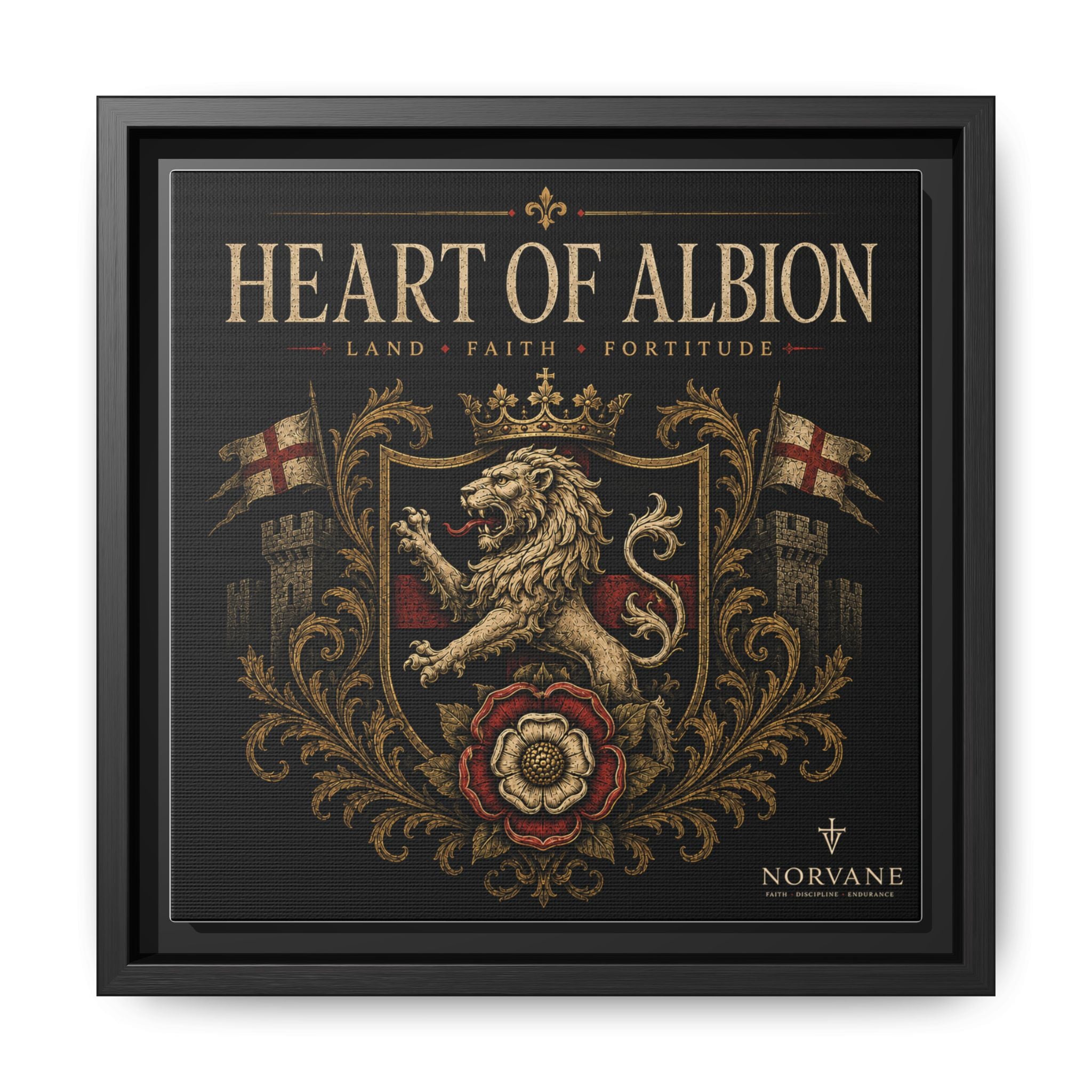 Heart of Albion Framed Canvas Wall Art — Vintage English Lion Crest