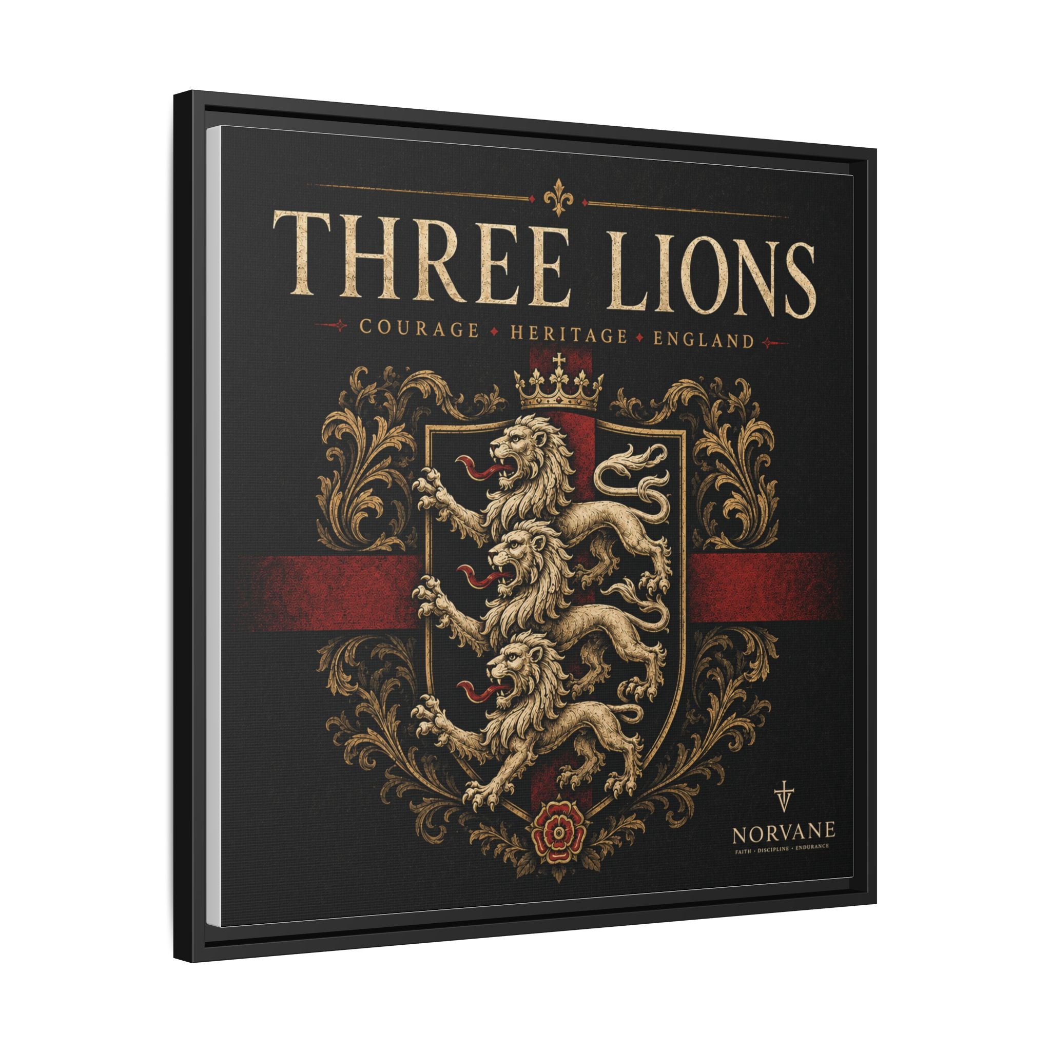 Three Lions Framed Canvas Wall Art — Heraldic England Crest Matte Print
