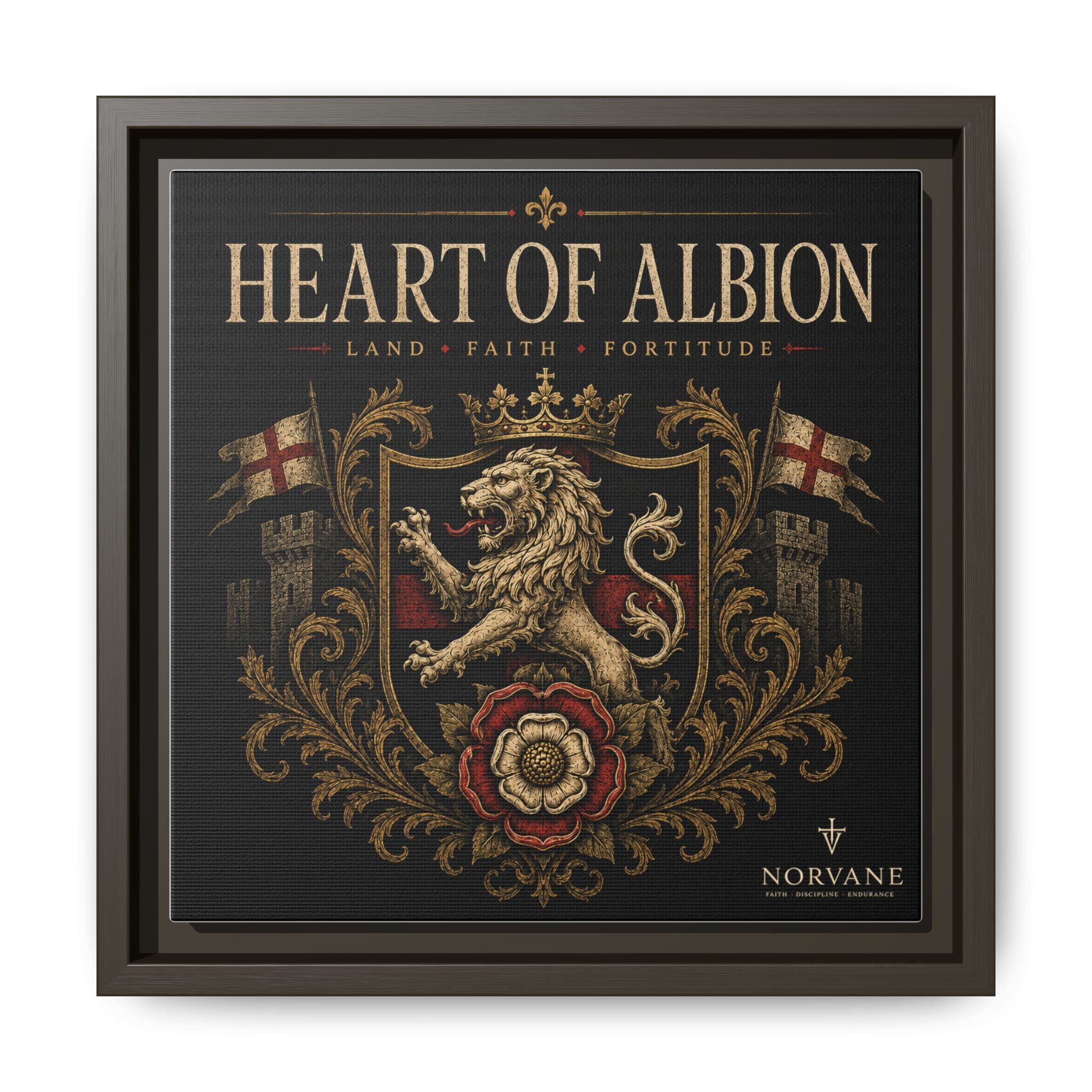 Heart of Albion Framed Canvas Wall Art — Vintage English Lion Crest