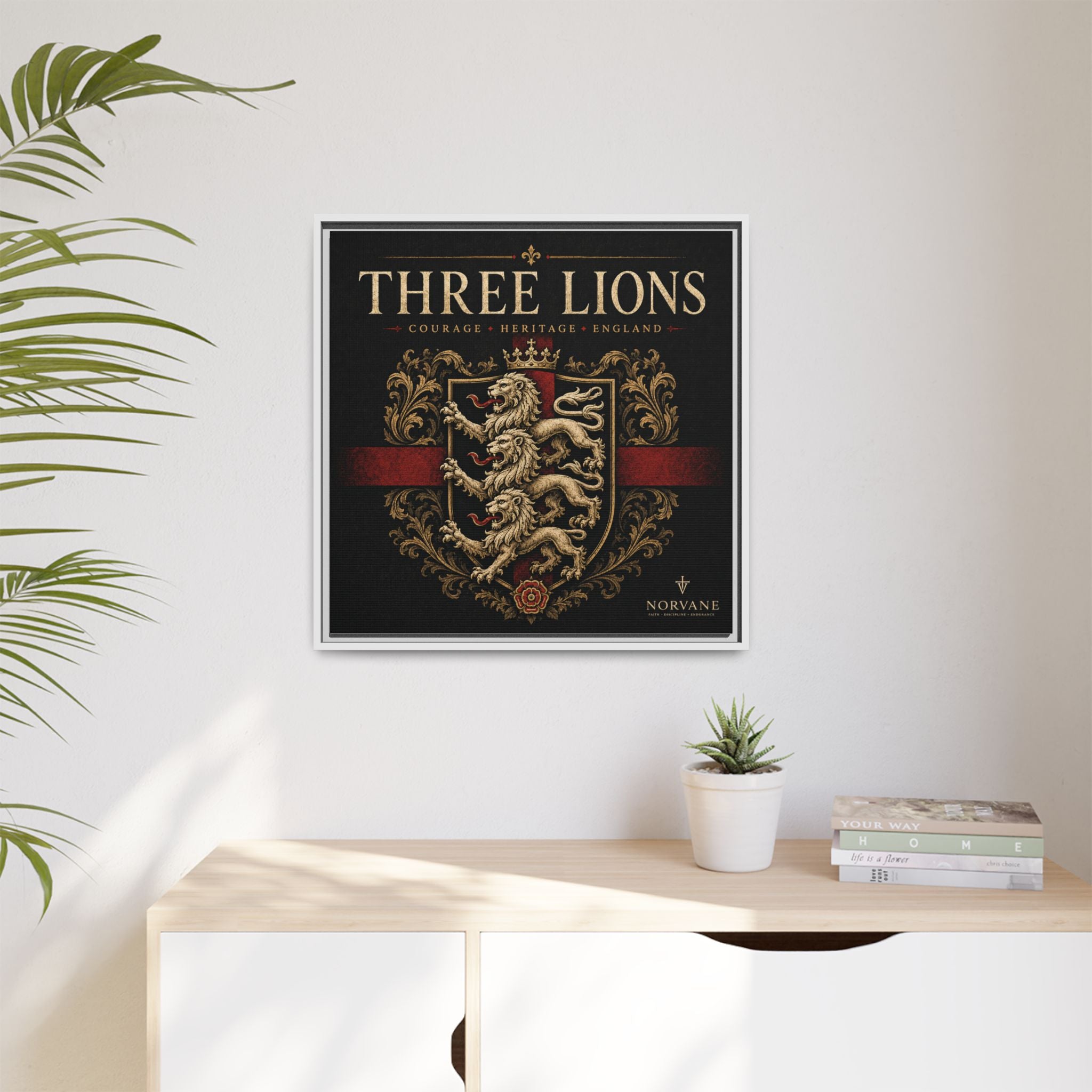 Three Lions Framed Canvas Wall Art — Heraldic England Crest Matte Print