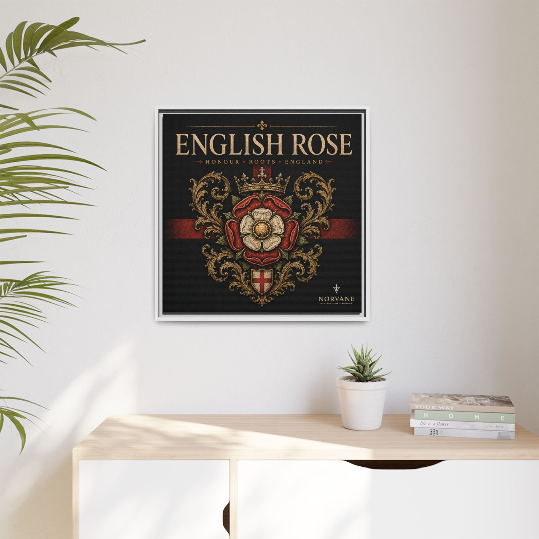 English Rose Matte Framed Canvas – Vintage Tudor Crest Wall Art