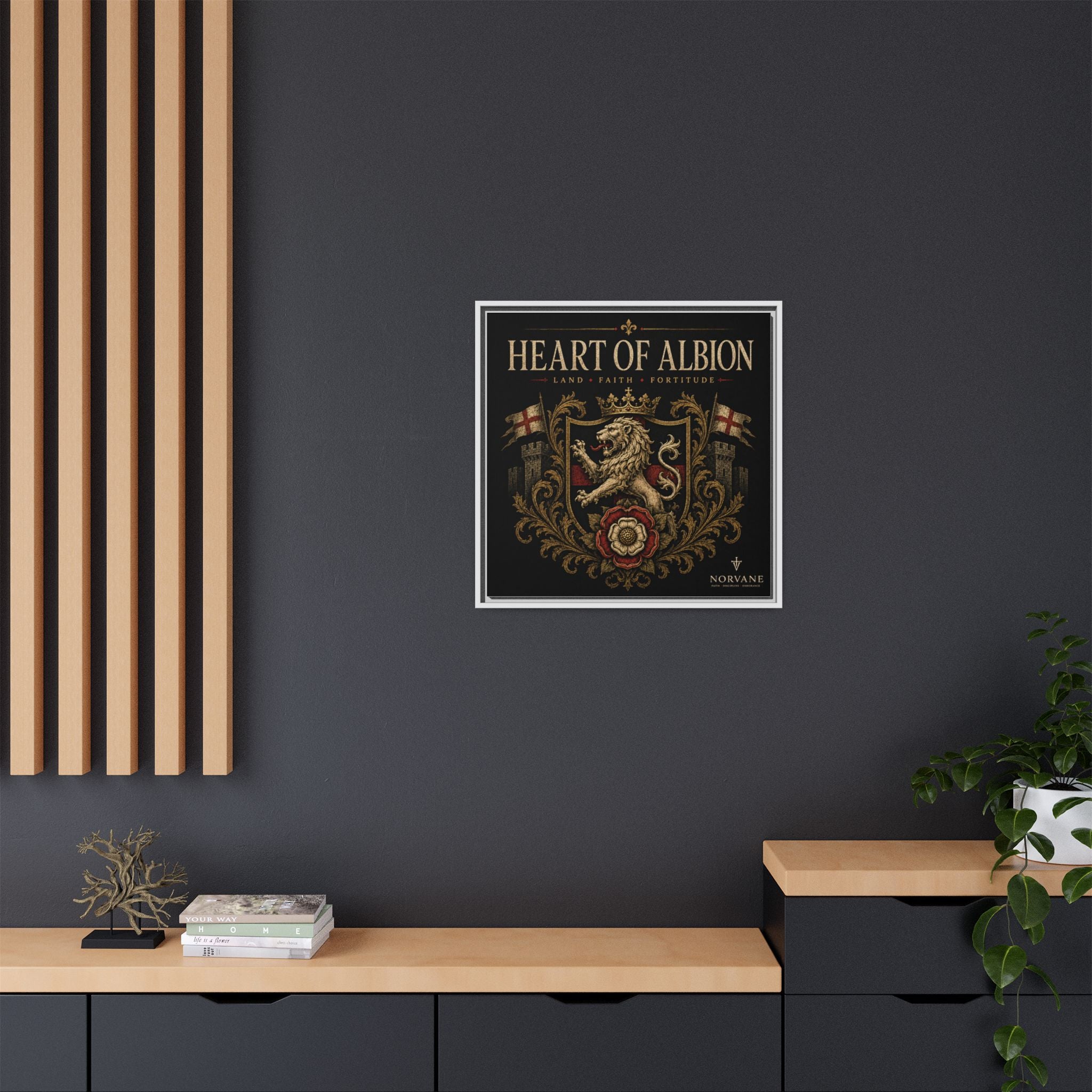 Heart of Albion Framed Canvas Wall Art — Vintage English Lion Crest