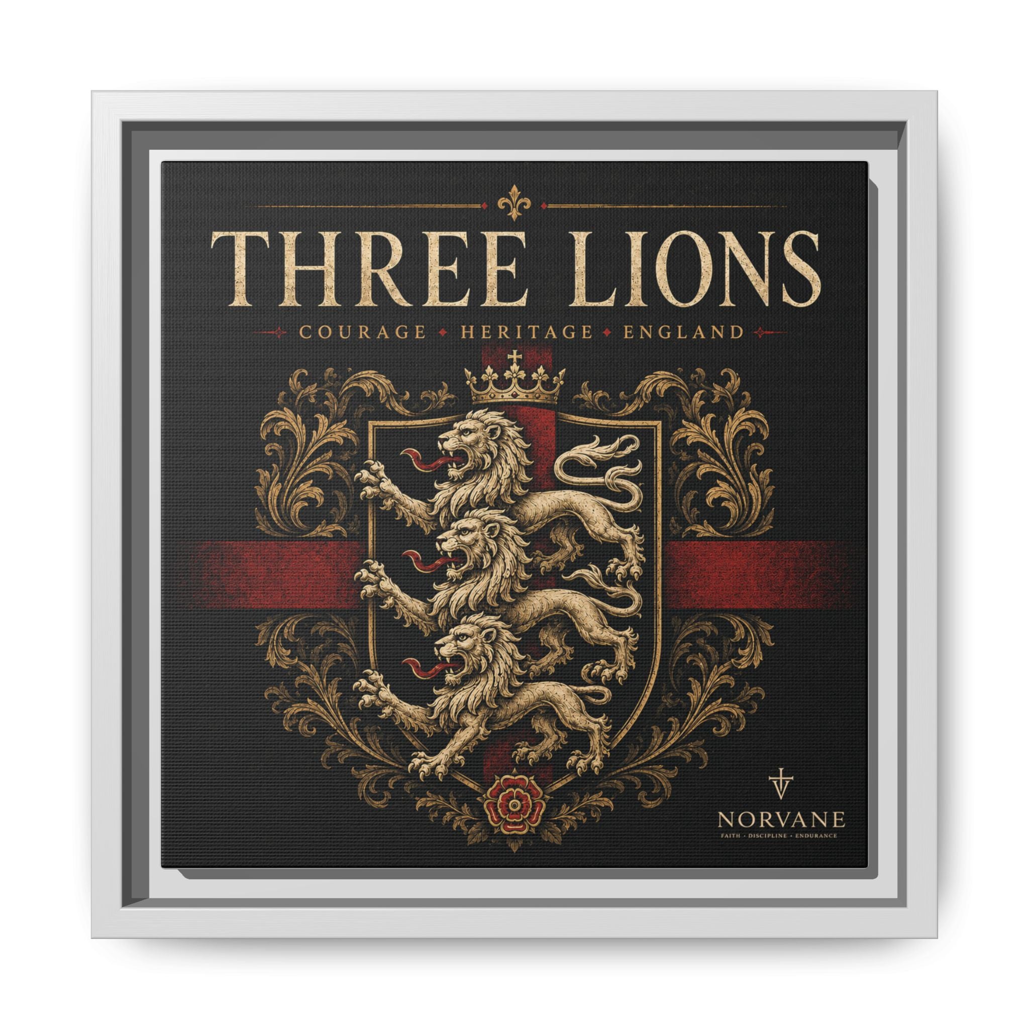 Three Lions Framed Canvas Wall Art — Heraldic England Crest Matte Print