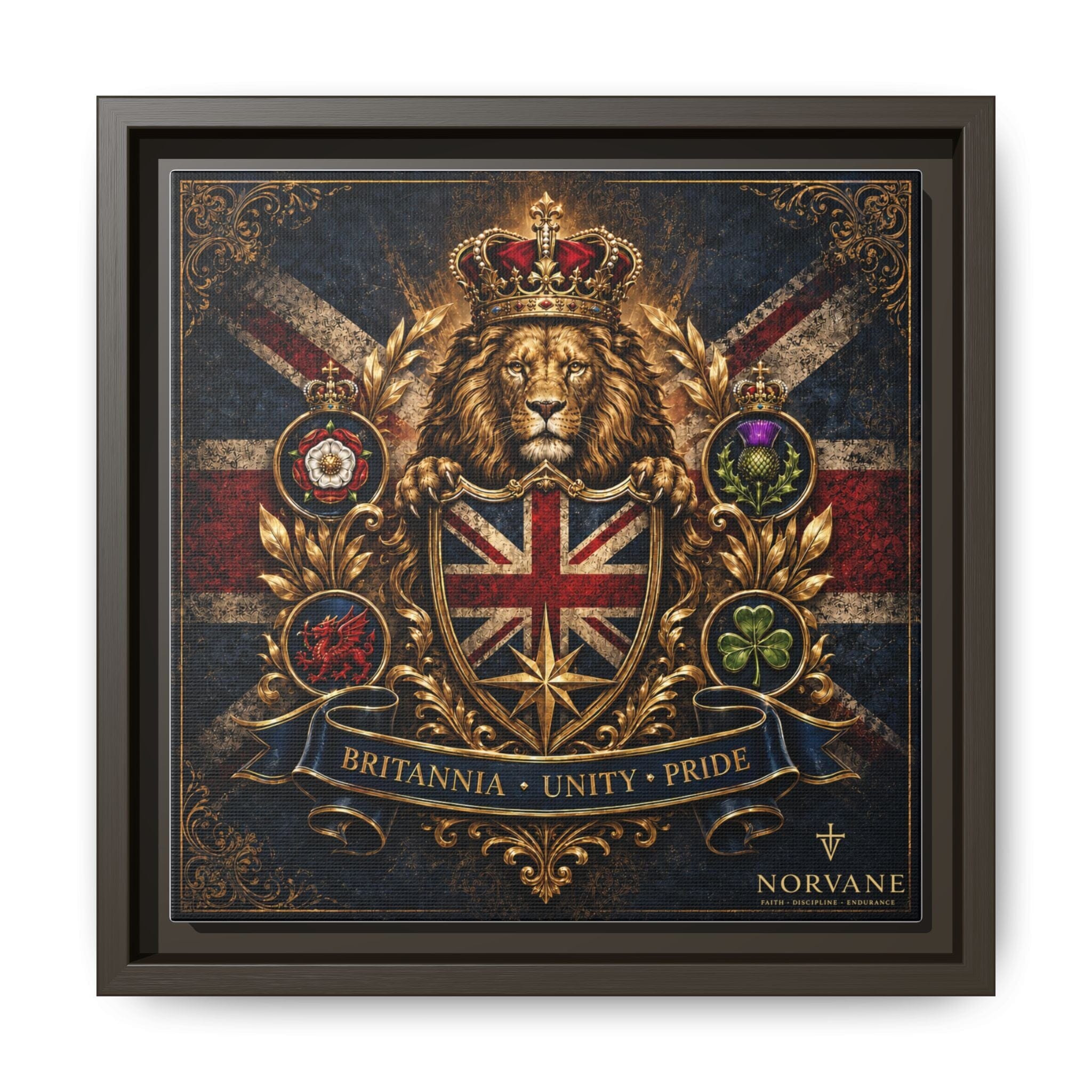 Britannia Lion Framed Canvas Wall Art — Union Jack Crest, 'Britannia • Unity • Pride' Canvas Printify 10″ x 10″ 1.25" Espresso
