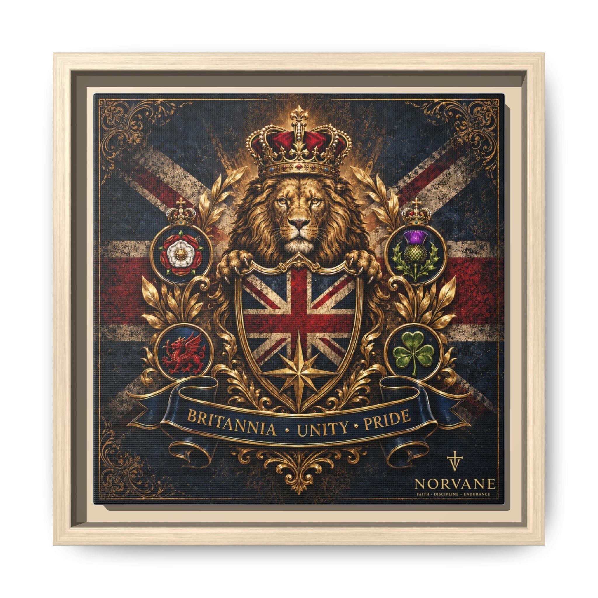 Britannia Lion Framed Canvas Wall Art — Union Jack Crest, 'Britannia • Unity • Pride' Canvas Printify 10″ x 10″ 1.25" Natural