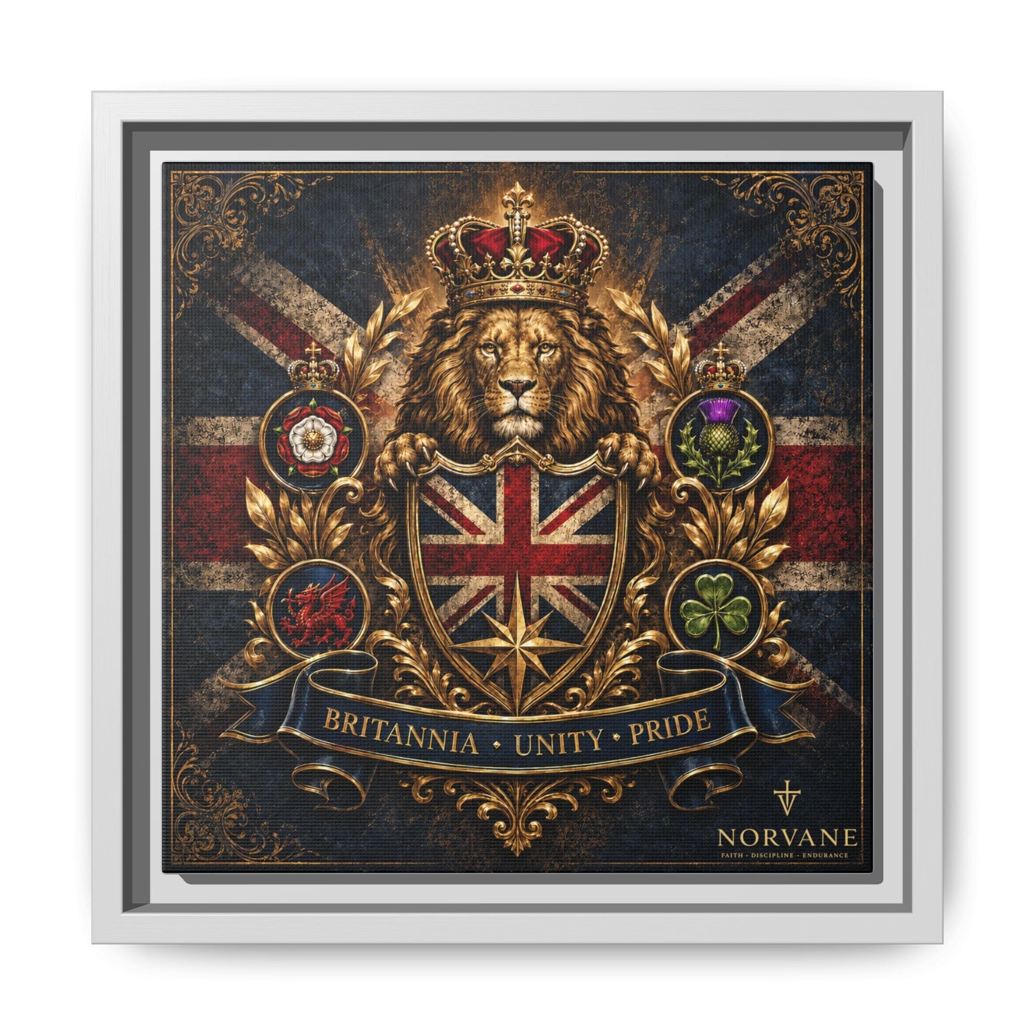 Britannia Lion Framed Canvas Wall Art — Union Jack Crest, 'Britannia • Unity • Pride' Canvas Printify 10″ x 10″ 1.25" White