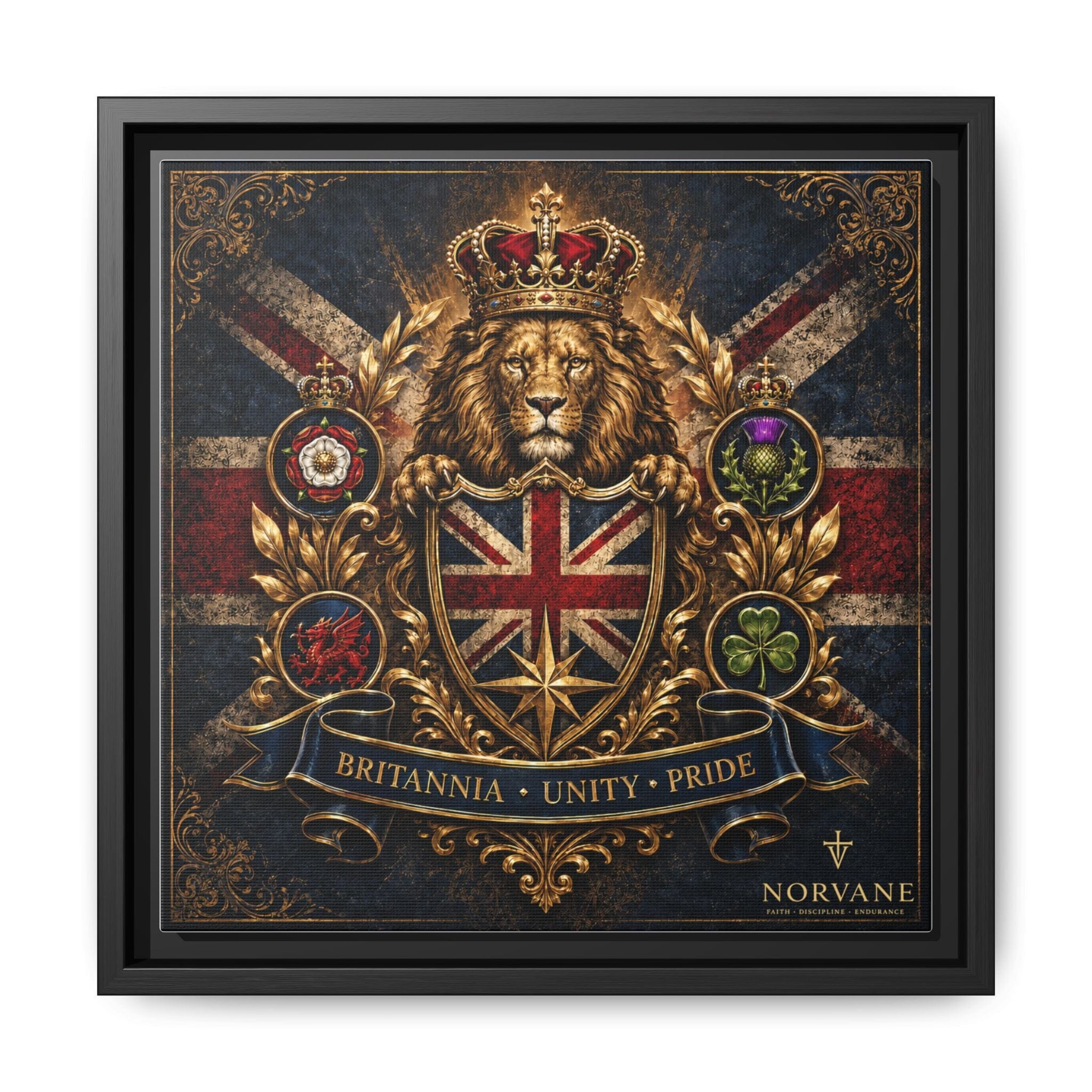 Britannia Lion Framed Canvas Wall Art — Union Jack Crest, 'Britannia • Unity • Pride' Canvas Printify 12″ x 12″ 1.25" Black