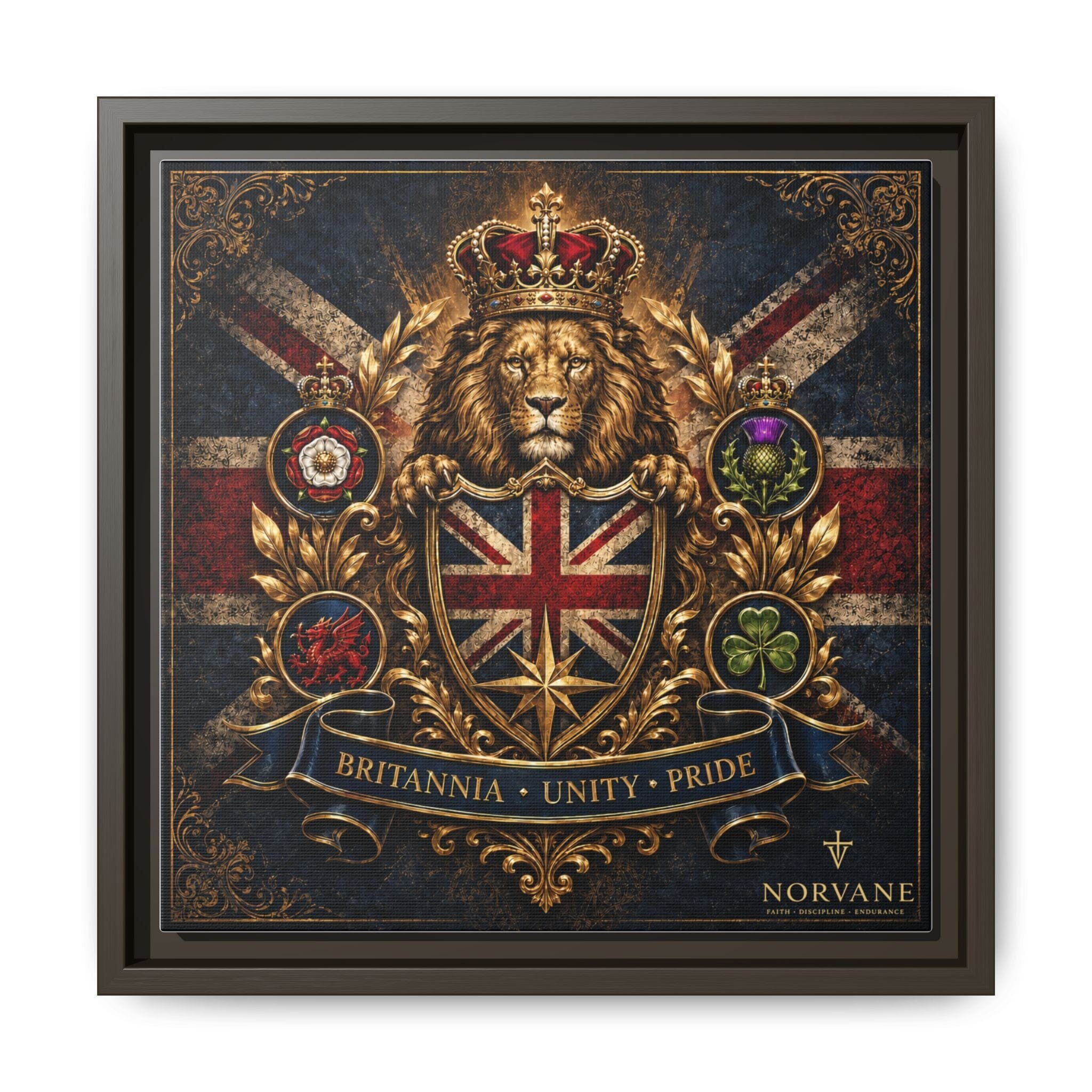 Britannia Lion Framed Canvas Wall Art — Union Jack Crest, 'Britannia • Unity • Pride' Canvas Printify 12″ x 12″ 1.25" Espresso