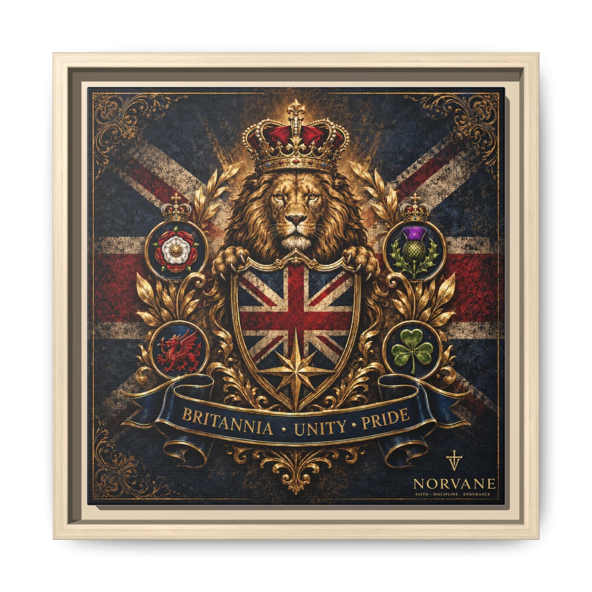 Britannia Lion Framed Canvas Wall Art — Union Jack Crest, 'Britannia • Unity • Pride' Canvas Printify 12″ x 12″ 1.25" Natural