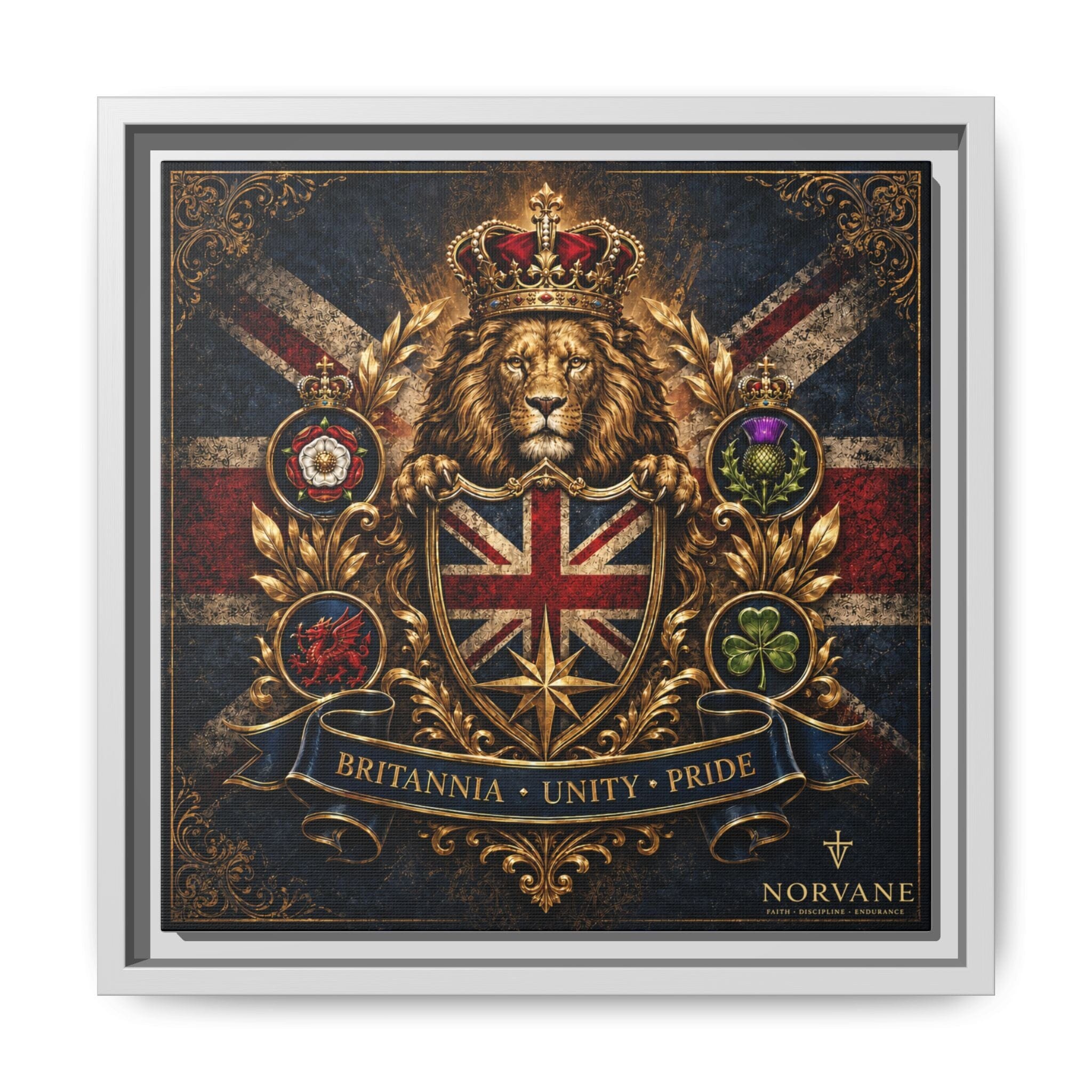 Britannia Lion Framed Canvas Wall Art — Union Jack Crest, 'Britannia • Unity • Pride' Canvas Printify 12″ x 12″ 1.25" White