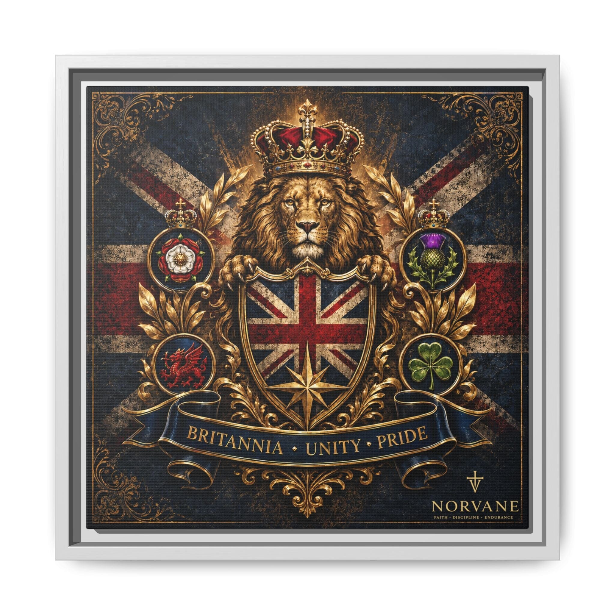 Britannia Lion Framed Canvas Wall Art — Union Jack Crest, 'Britannia • Unity • Pride' Canvas Printify 14" x 14" 1.25" White