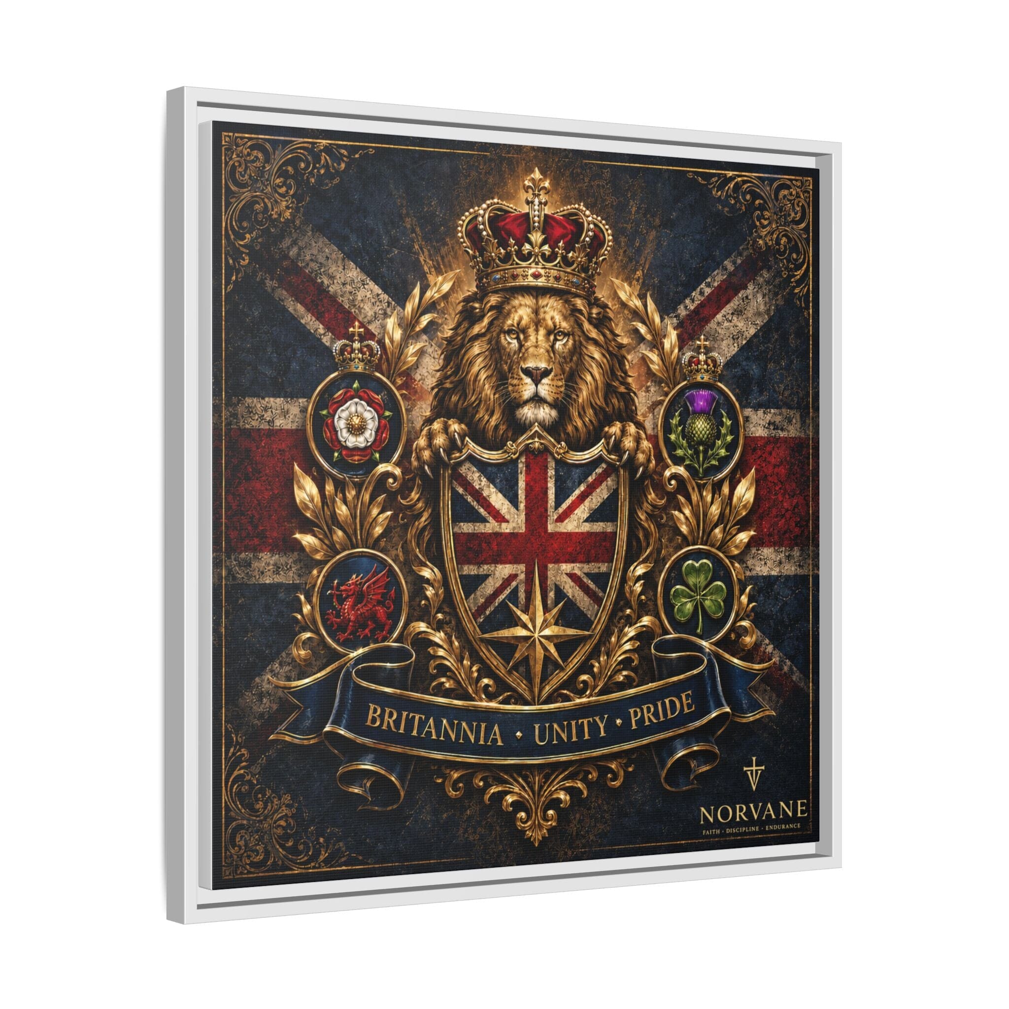 Britannia Lion Framed Canvas Wall Art — Union Jack Crest, 'Britannia • Unity • Pride' Canvas Printify 