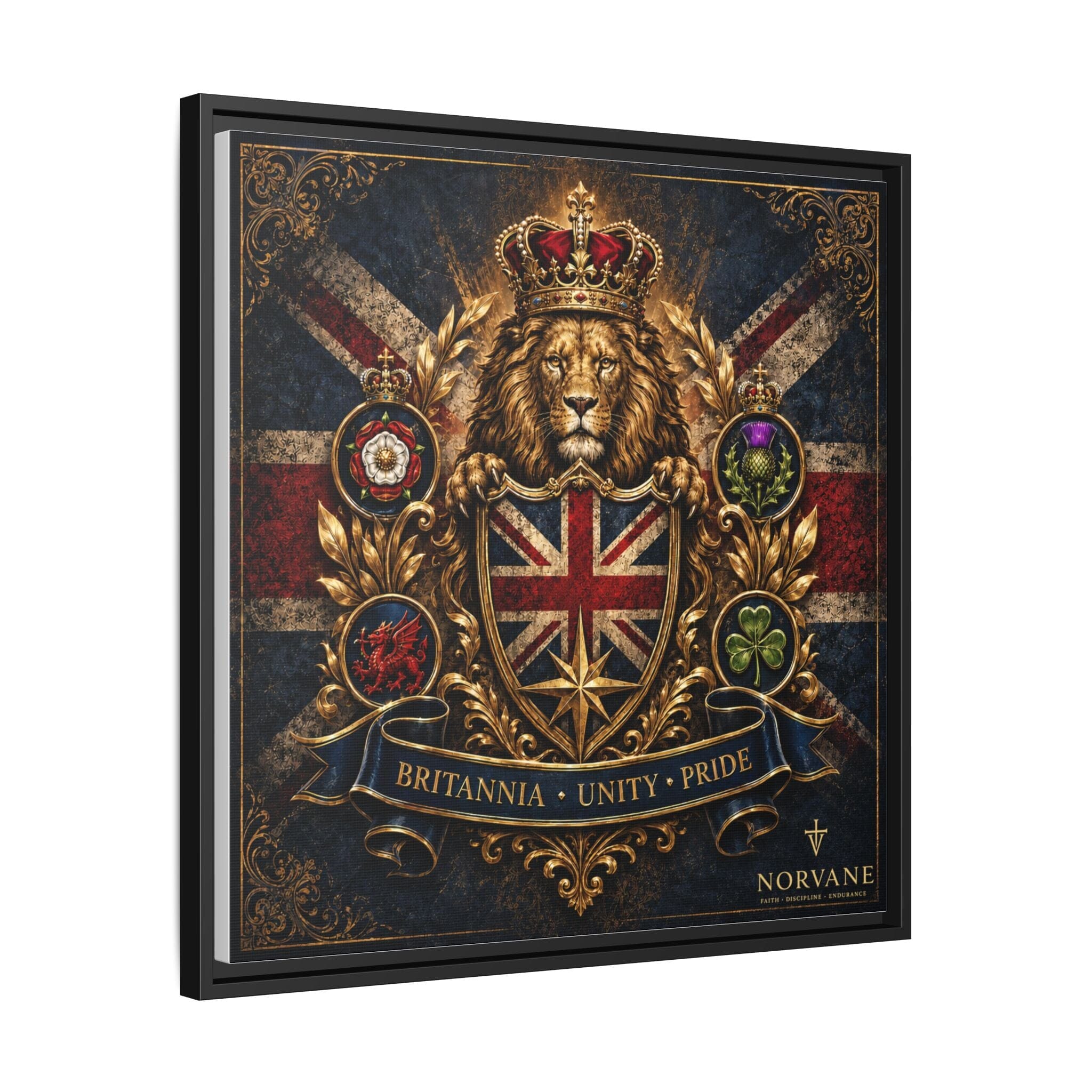 Britannia Lion Framed Canvas Wall Art — Union Jack Crest, 'Britannia • Unity • Pride' Canvas Printify 