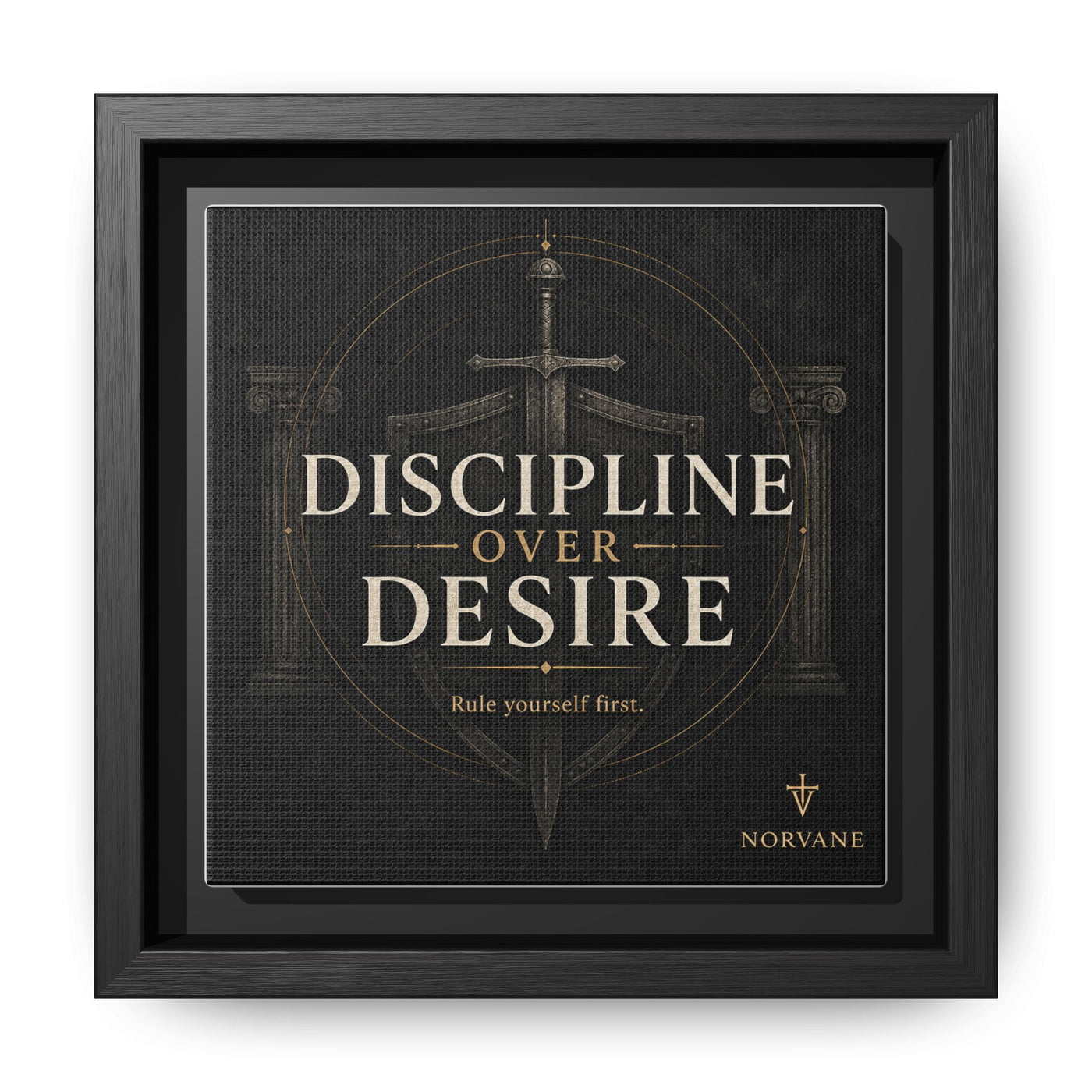 Discipline Over Desire Framed Canvas – Motivational Sword Art in Black