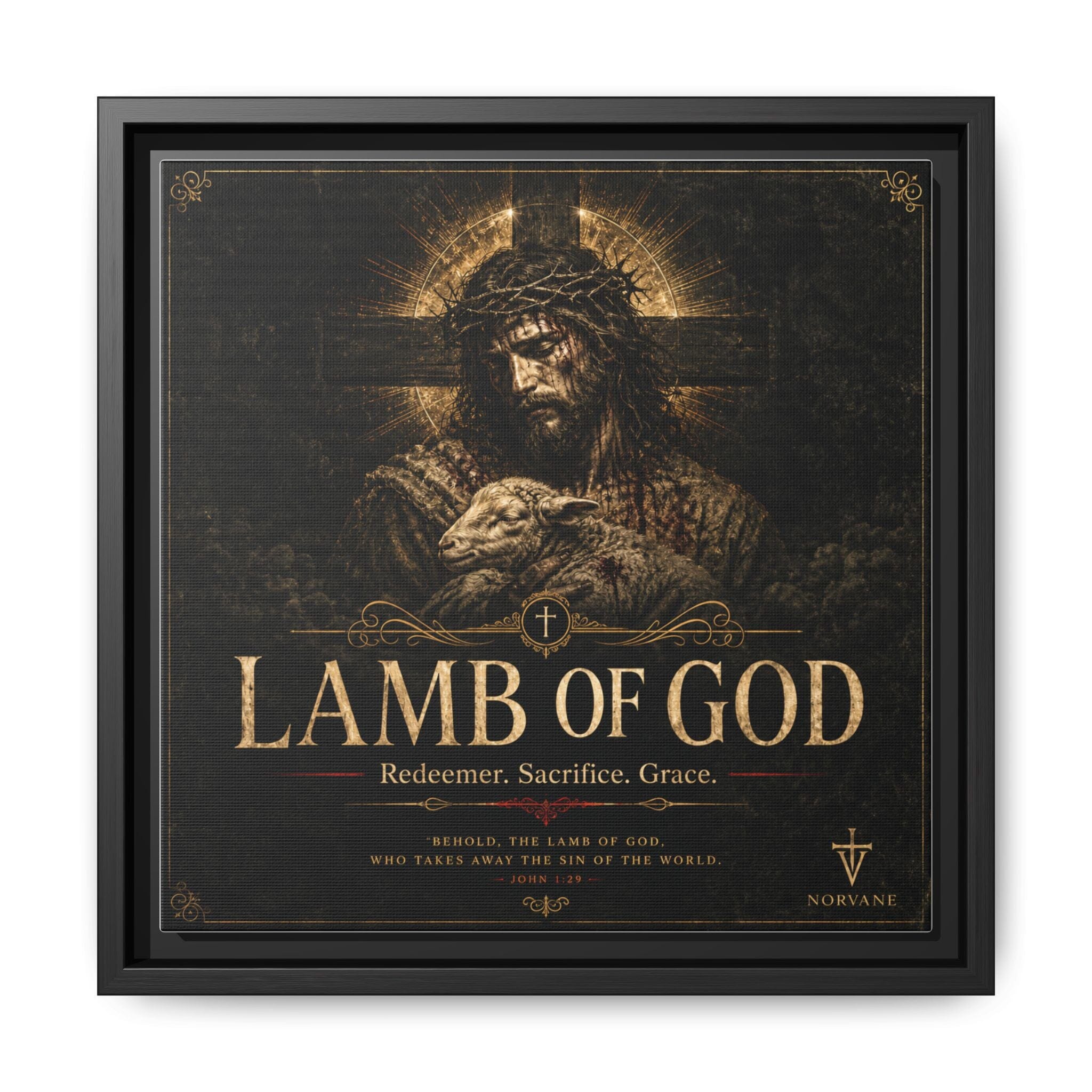 Lamb of God Matte Canvas Print — 'Redeemer. Sacrifice. Grace.' Framed Religious Wall Art Canvas Printify 12″ x 12″ 1.25" Black